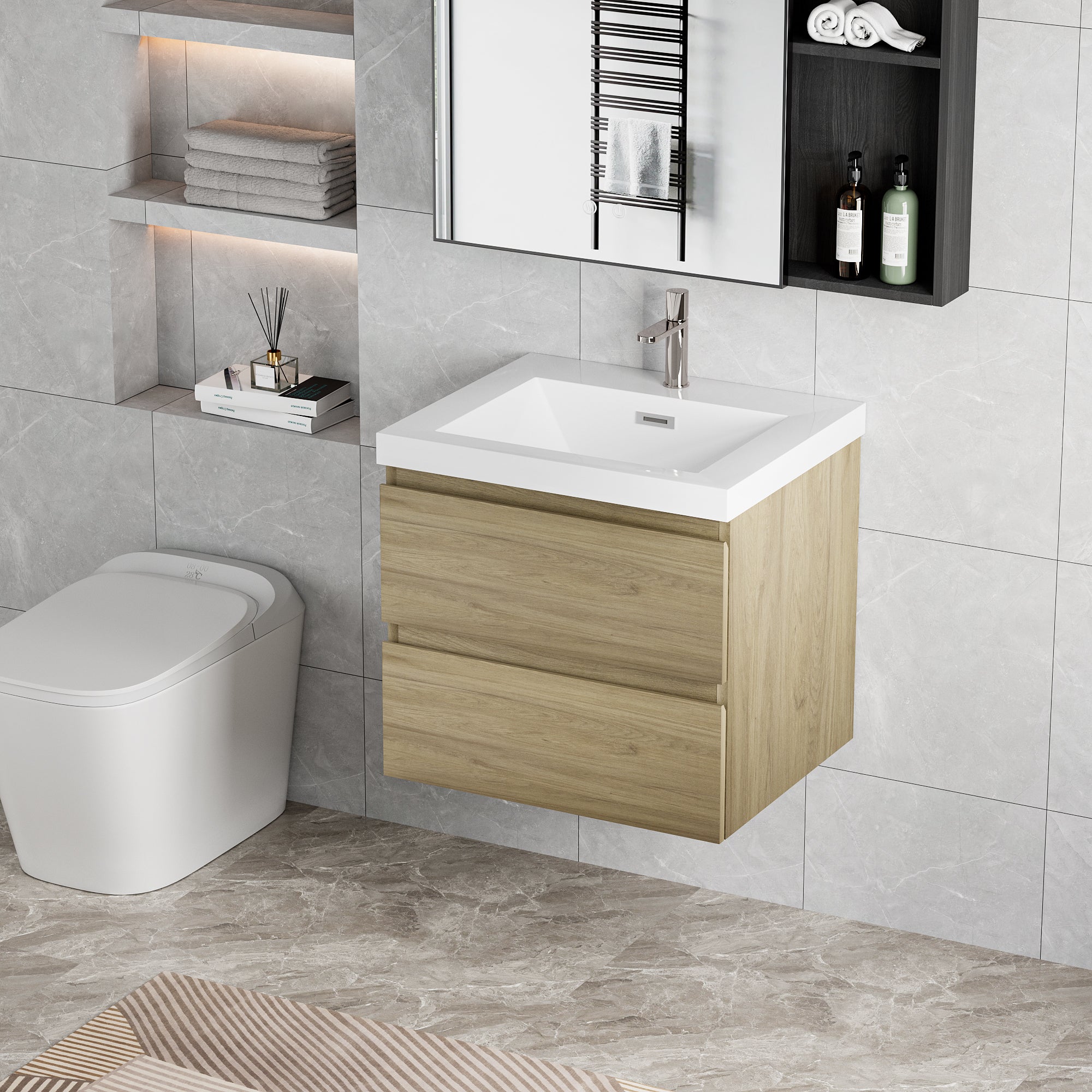 30" Floating Bathroom Vanity with Sink, Modern Wall-Mounted Bathroom Storage Vanity Cabinet with Resin Top Basin and Soft Close Drawers, Natural Oak 24V11-30NO