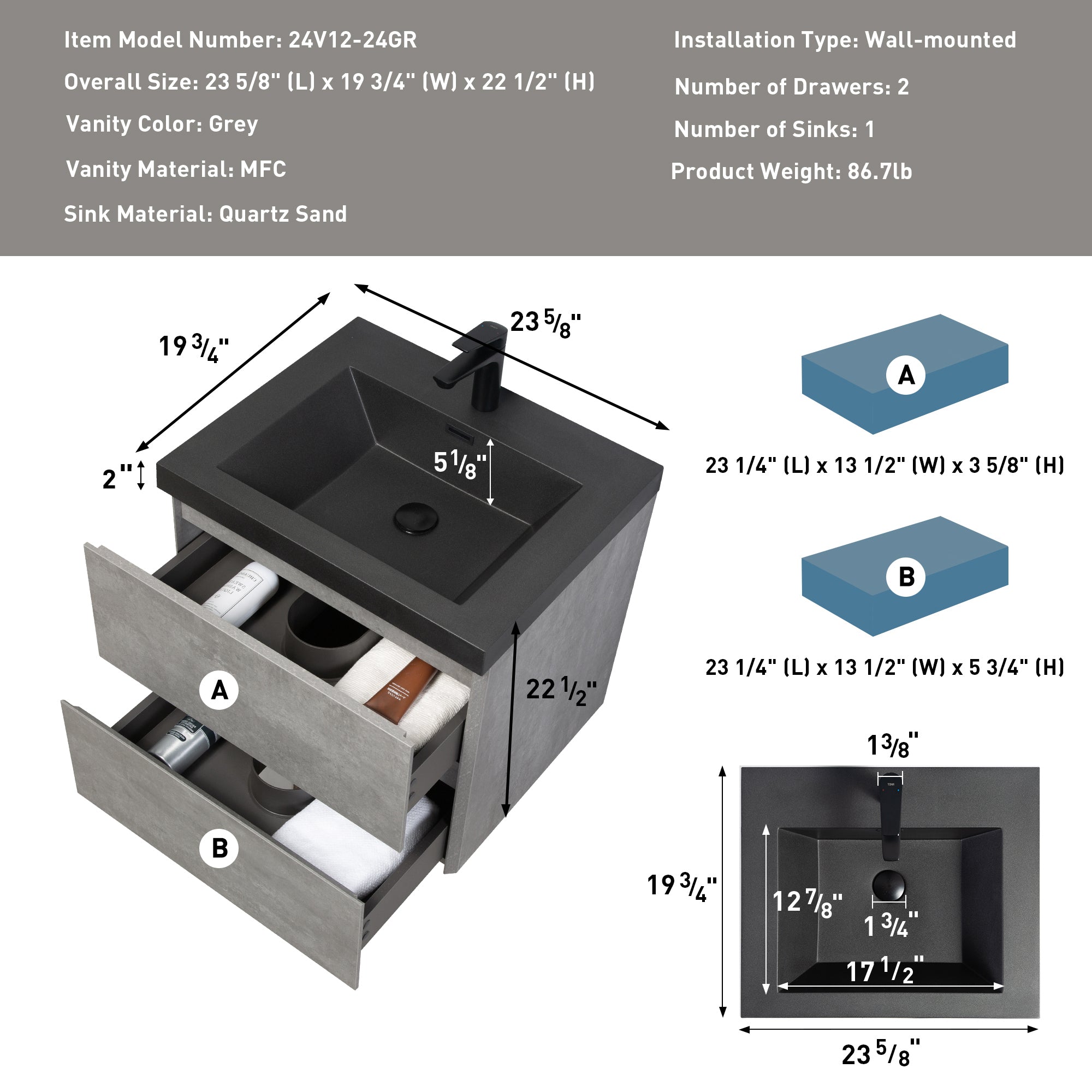 24" Floating Bathroom Vanity with Sink, Modern Wall-Mounted Bathroom Storage Vanity Cabinet with Black Quartz Sand Top Basin and Soft Close Drawers, 24V12-24GR Grey