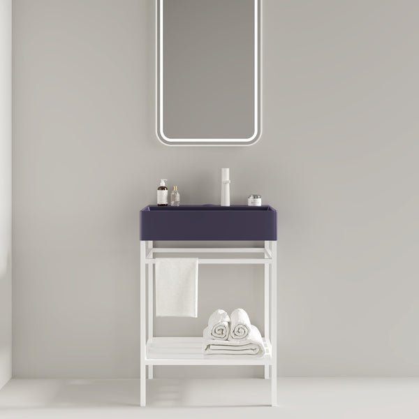 LOFI 24" Bathroom Vanity with Ceramic Basin, Freestanding Bathroom Console Sink Set, Glossy Purple Rectangular Ceramic Basin without Faucet, Open Metal Leg, Storage Shelves, White