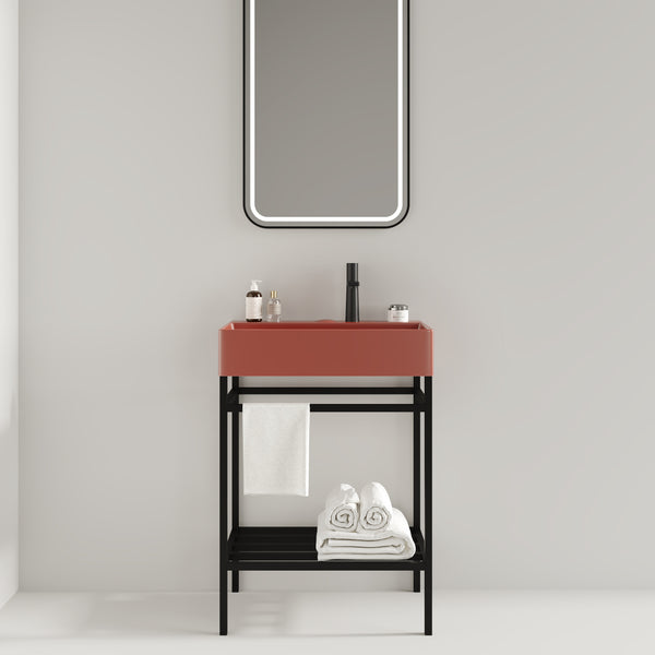 LOFI 24" Bathroom Vanity with Ceramic Basin, Freestanding Bathroom Console Sink Set, Glossy Red Rectangular Ceramic Basin without Faucet, Open Metal Leg, Storage Shelves, Black