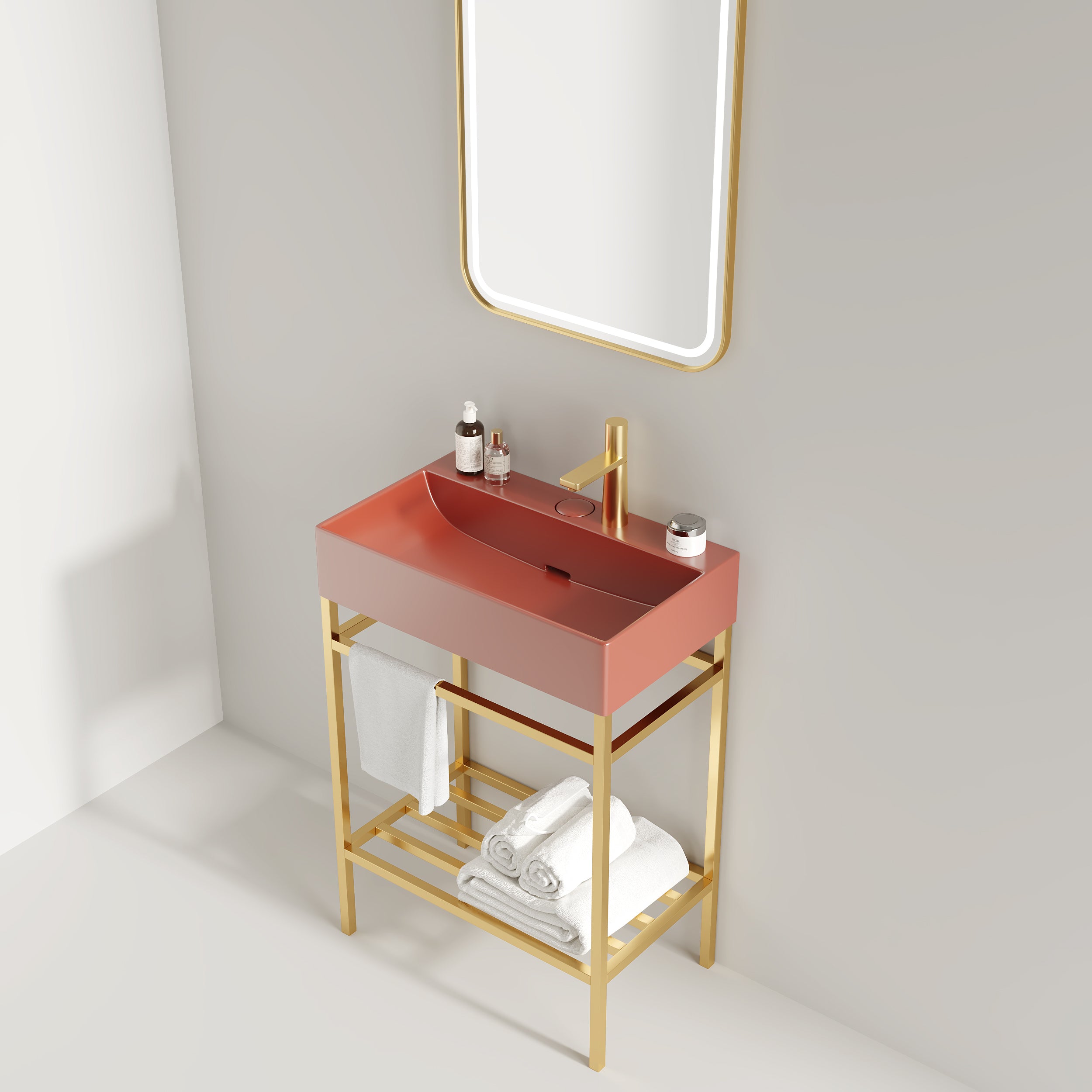 LOFI 24" Bathroom Vanity with Ceramic Basin, Freestanding Bathroom Console Sink Set, Glossy Red Rectangular Ceramic Basin without Faucet, Open Metal Leg, Storage Shelves, Gold