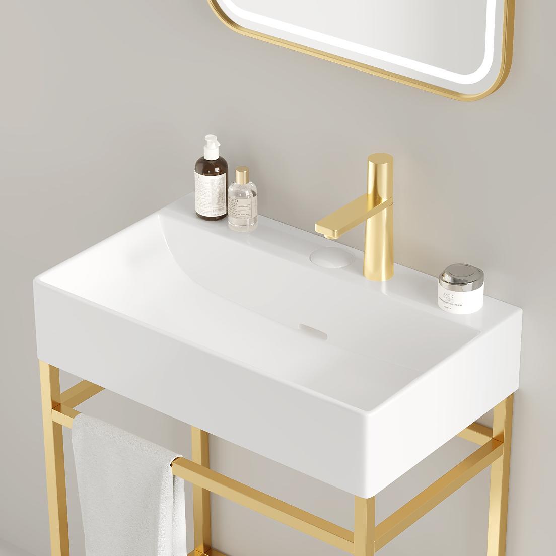 LOFI 24" Bathroom Vanity with Ceramic Basin, Freestanding Bathroom Console Sink Set, Glossy White Rectangular Ceramic Basin without Faucet, Open Metal Leg, Storage Shelves, Gold