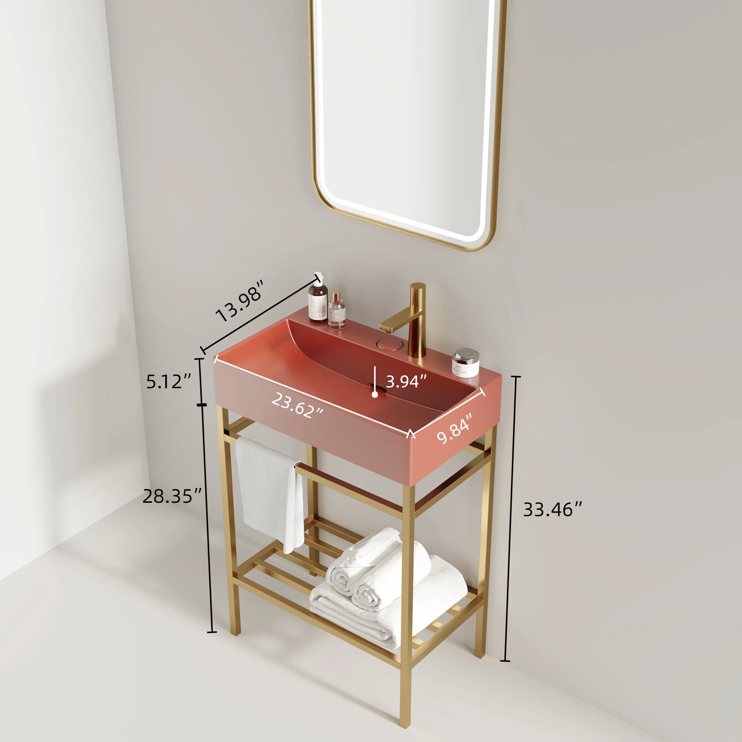 LOFI 24" Bathroom Vanity with Ceramic Basin, Freestanding Bathroom Console Sink Set, Glossy Red Rectangular Ceramic Basin without Faucet, Open Metal Leg, Storage Shelves, Gold