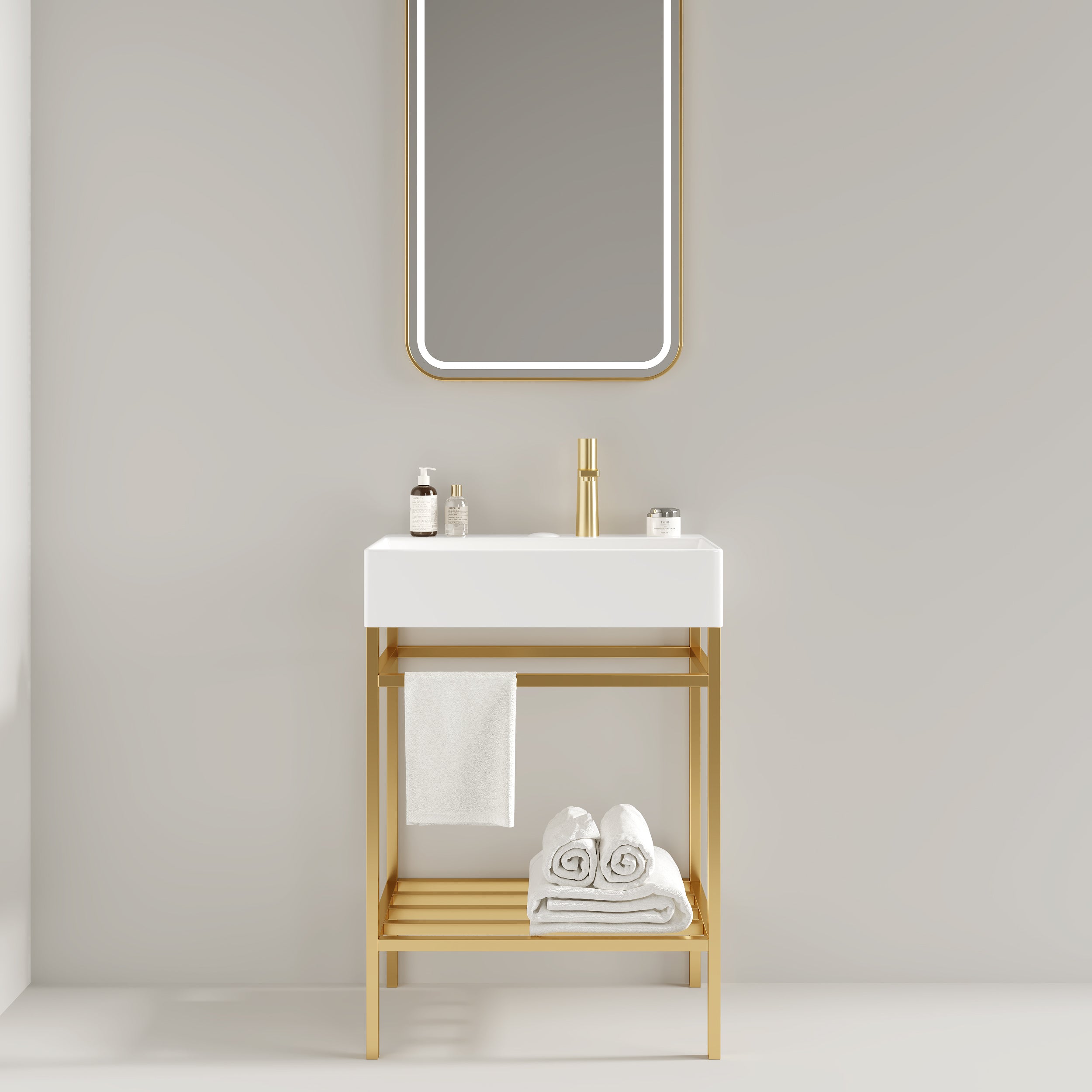 LOFI 24" Bathroom Vanity with Ceramic Basin, Freestanding Bathroom Console Sink Set, Glossy White Rectangular Ceramic Basin without Faucet, Open Metal Leg, Storage Shelves, Gold