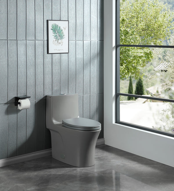 1.1/1.60 GPF Dual-Flush One Piece Toilet, Water-Saving Elongated Comfort Height Floor Mounted, Soft Closing Seat, 1000 Gram Map Flushing Score Toilet, Light Grey 23T02-LG