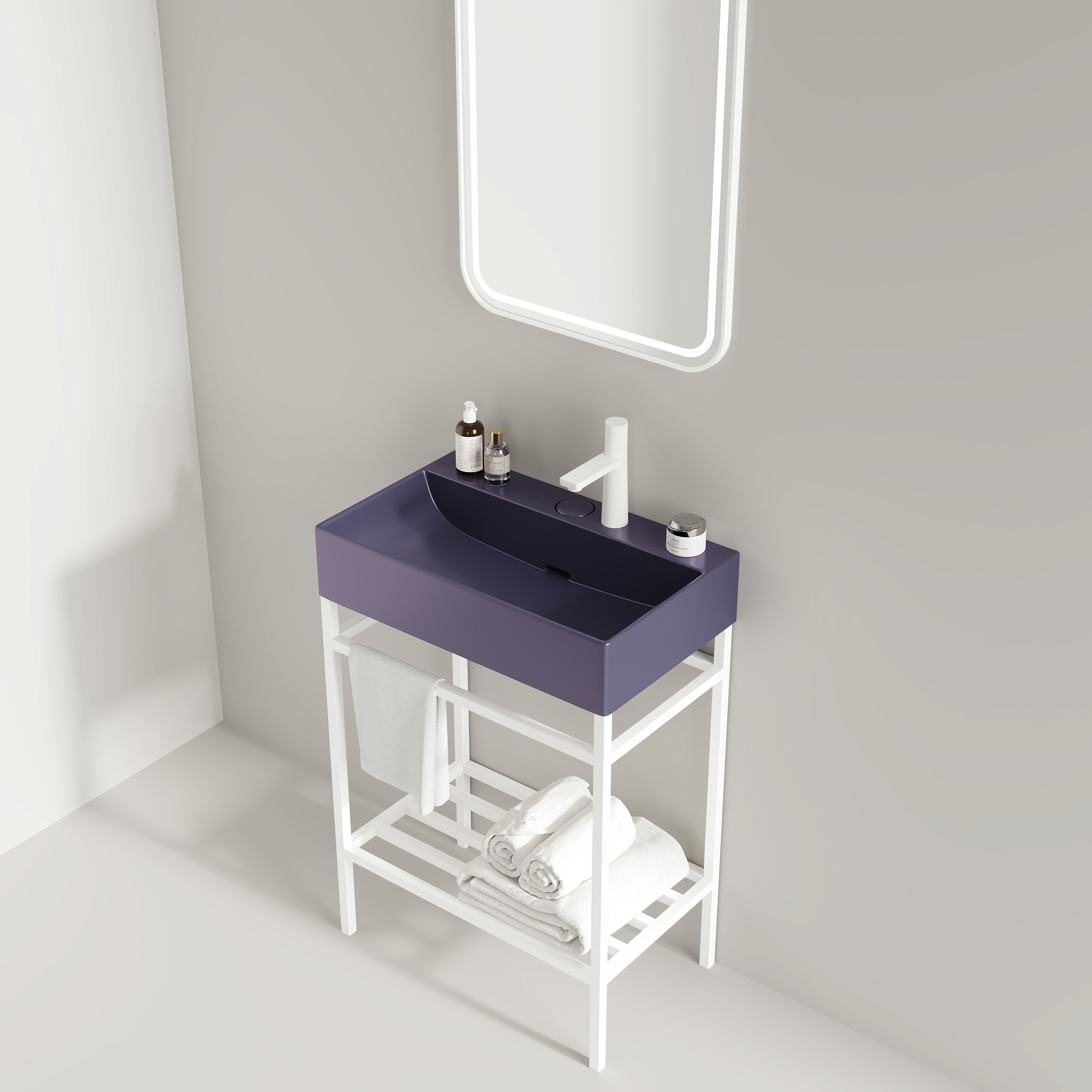 LOFI 24" Bathroom Vanity with Ceramic Basin, Freestanding Bathroom Console Sink Set, Glossy Purple Rectangular Ceramic Basin without Faucet, Open Metal Leg, Storage Shelves, White