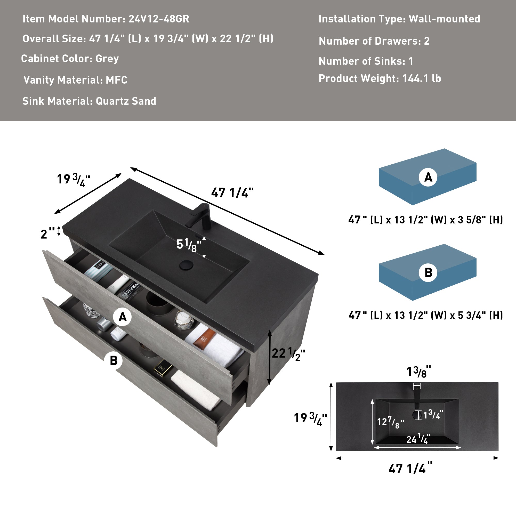 48" Floating Bathroom Vanity with Sink, Modern Wall-Mounted Bathroom Storage Vanity Cabinet with Black Quartz Sand Top Basin and Soft Close Drawers, 24V12-48GR Grey