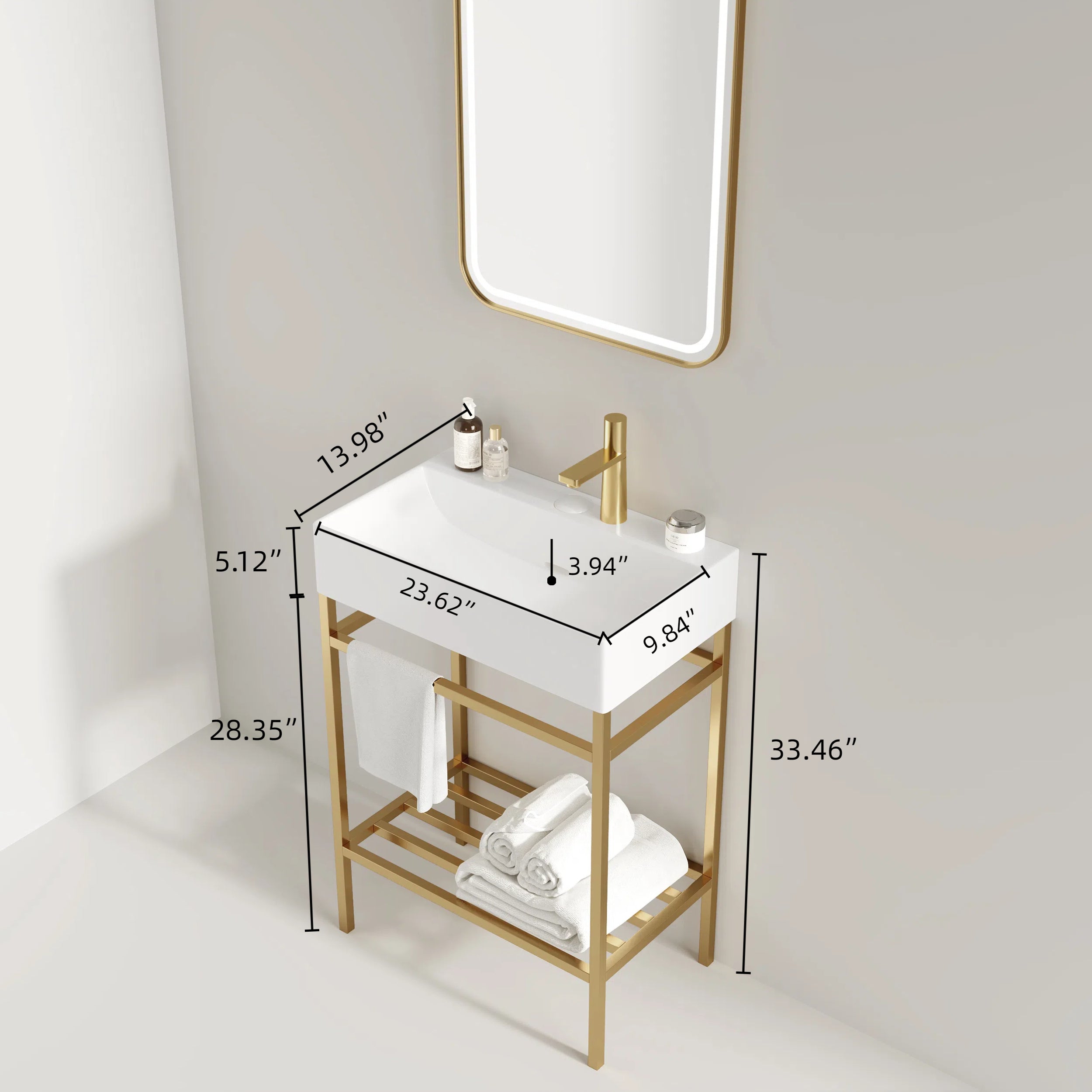 LOFI 24" Bathroom Vanity with Ceramic Basin, Freestanding Bathroom Console Sink Set, Glossy White Rectangular Ceramic Basin without Faucet, Open Metal Leg, Storage Shelves, Gold