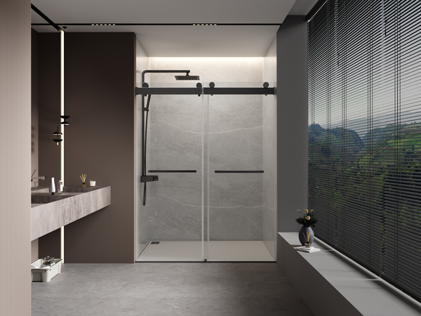 68-72 in. W x 76 in. H Double Sliding Frameless Soft-Close Shower Door with Premium 3/8 Inch (10mm) Thick Tampered Glass and Easy-cleaning Coating, Stainless Steel in Matte Black 22D02-72MB