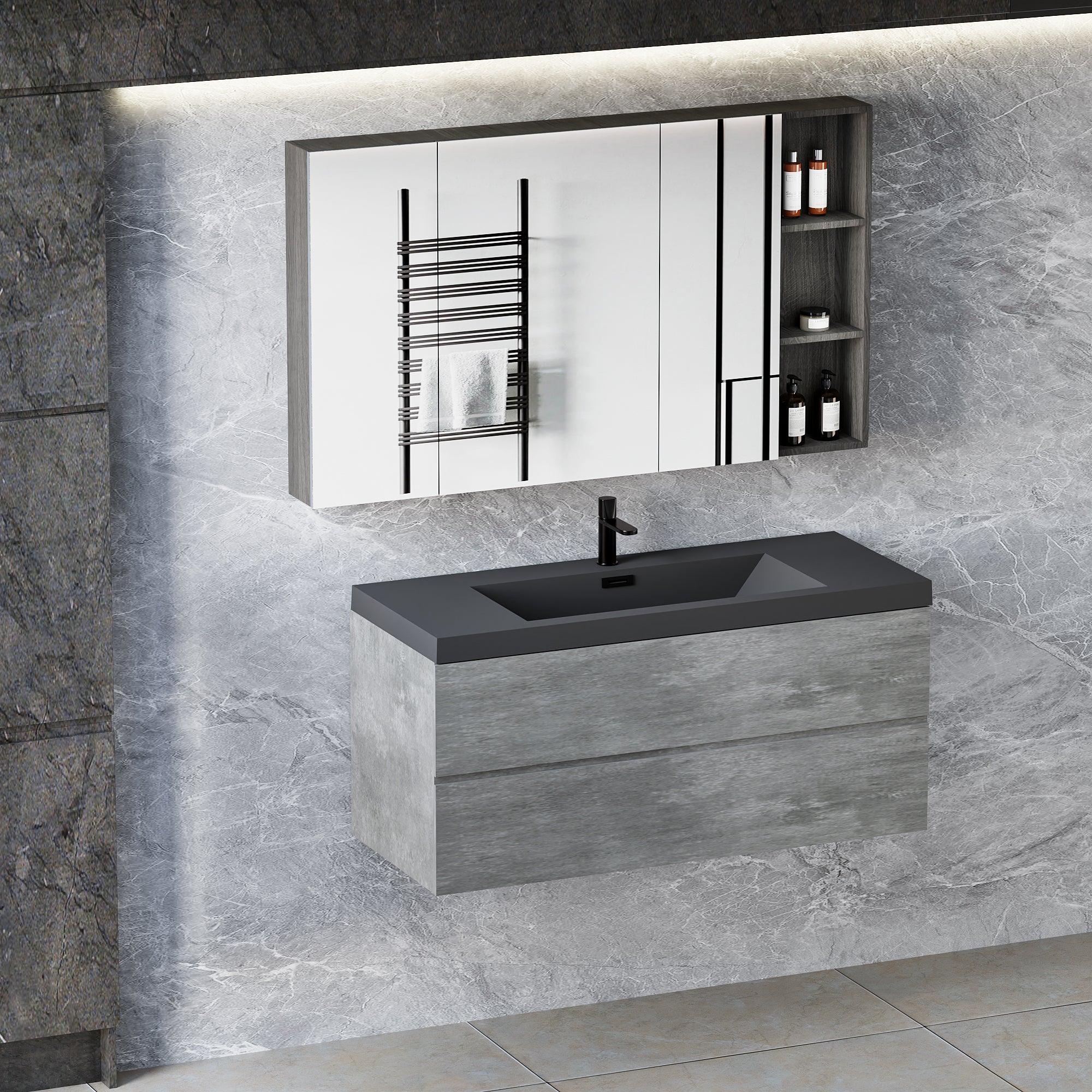 48" Floating Bathroom Vanity with Sink, Modern Wall-Mounted Bathroom Storage Vanity Cabinet with Black Quartz Sand Top Basin and Soft Close Drawers, 24V12-48GR Grey