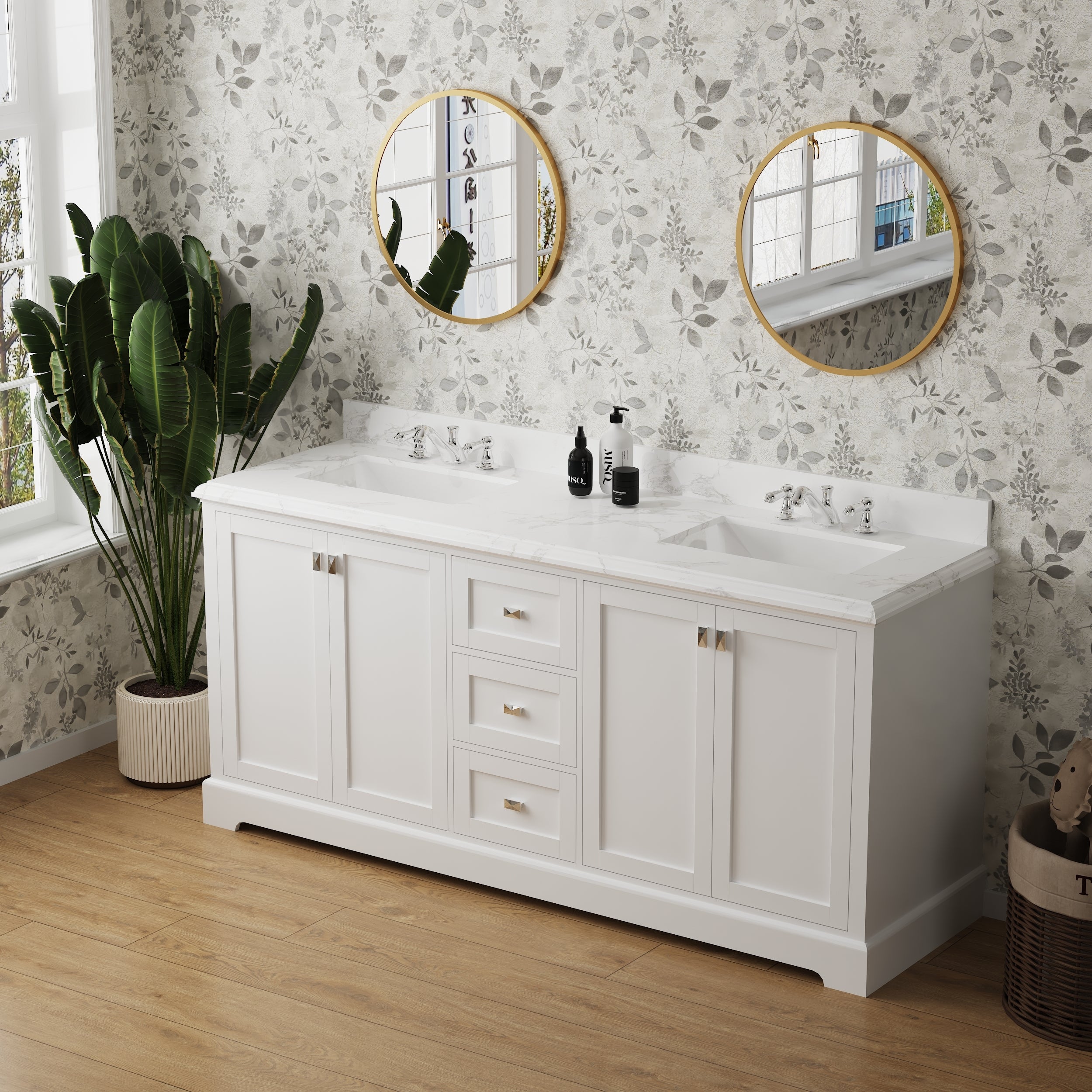 Vanity Sink Combo featuring a Marble Countertop, Bathroom Sink Cabinet, and Home Decor Bathroom Vanities - Fully Assembled White 72-inch Vanity with Sink 23V02-72WH