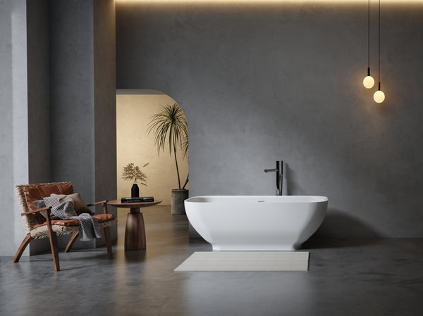 67" Freestanding Solid Surface Bathtub, Luxury Engineered Stone Resin Freestanding Soaking Bathtub with Overflow and Pop-up Drain for Contemporary Bathroom, Matte White 22S04-67-2