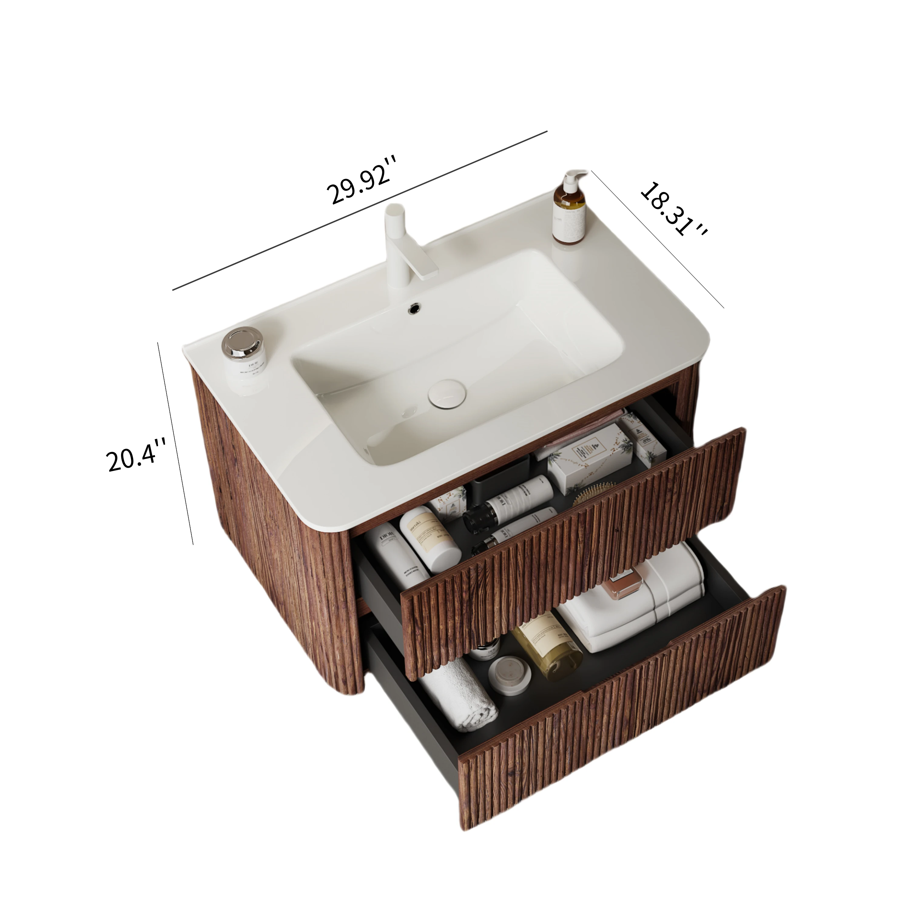 NOOR 30" Bathroom Vanity with Sink, Modern Wall-Mounted Floating Plywood  Bathroom Storage Cabinet with 2 Drawers, White Ceramic Basin with Sink Hole Cover and Drain, Pre-assembled, Retro Walnut