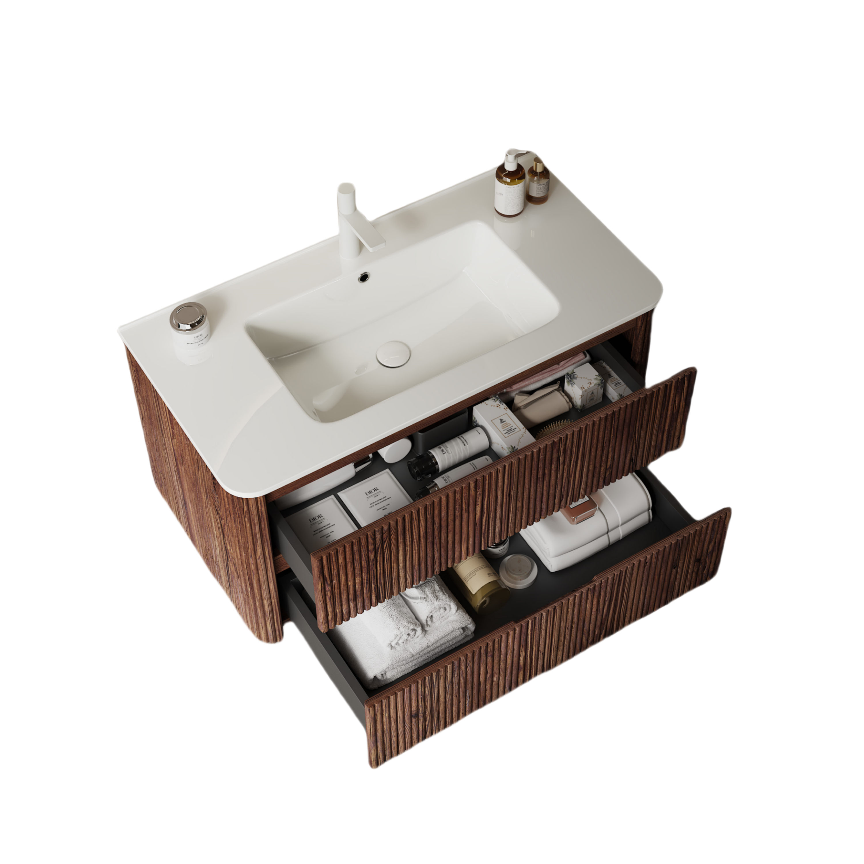 NOOR 36" Bathroom Vanity with Sink, Modern Wall-Mounted Floating Plywood  Bathroom Storage Cabinet with 2 Drawers, White Ceramic Basin with Sink Hole Cover and Drain, Pre-assembled, Retro Walnut