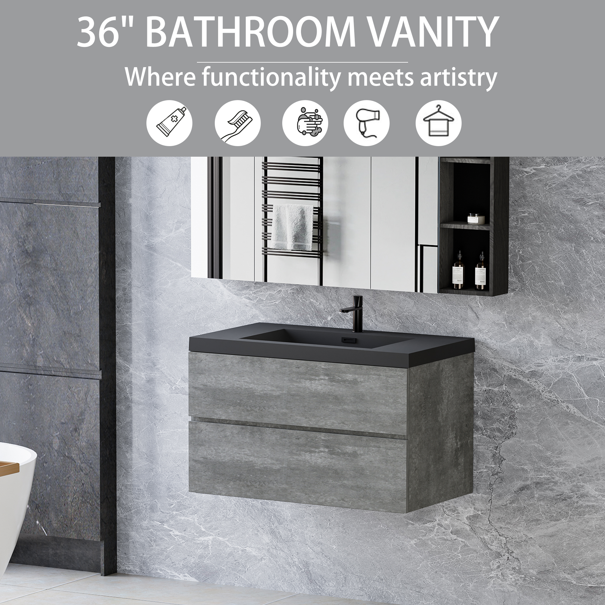 36" Floating Bathroom Vanity with Sink, Modern Wall-Mounted Bathroom Storage Vanity Cabinet with Black Quartz Sand Top Basin and Soft Close Drawers, Grey 24V12-36GR