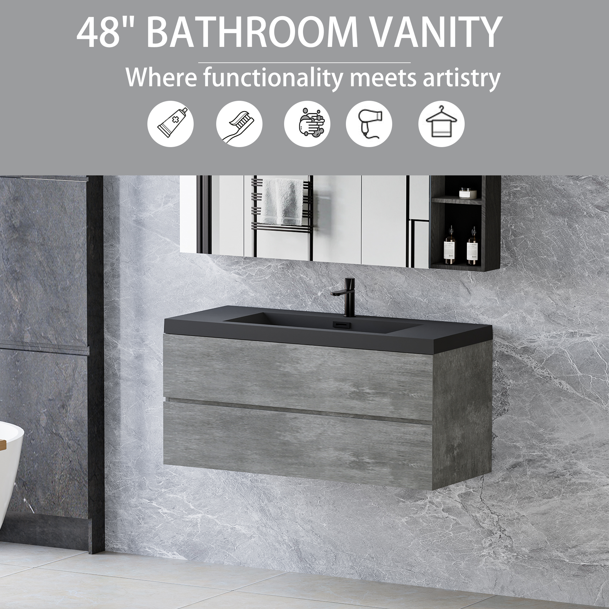 48" Floating Bathroom Vanity with Sink, Modern Wall-Mounted Bathroom Storage Vanity Cabinet with Black Quartz Sand Top Basin and Soft Close Drawers, 24V12-48GR Grey