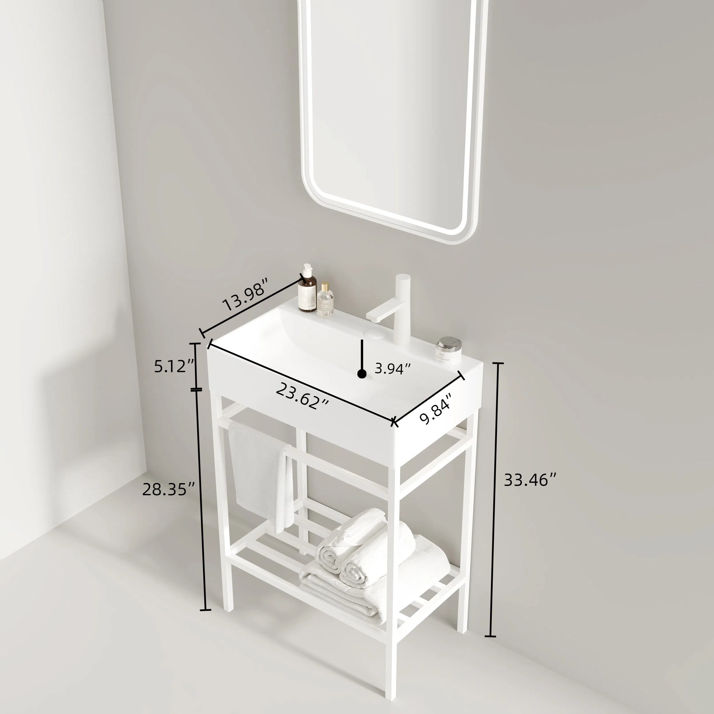 LOFI 24" Bathroom Vanity with Ceramic Basin, Freestanding Bathroom Console Sink Set, Glossy White Rectangular Ceramic Basin without Faucet, Open Metal Leg, Storage Shelves, White