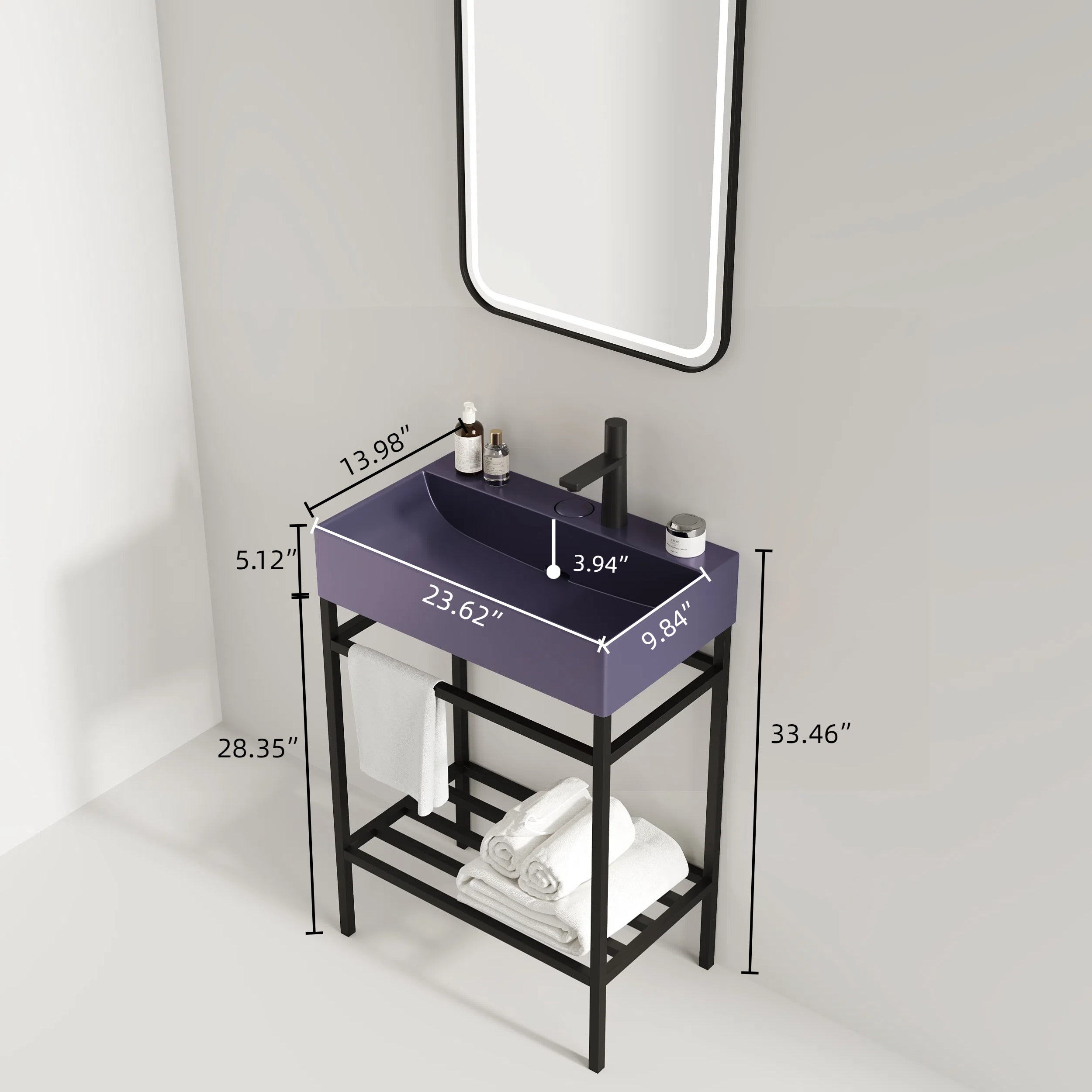 LOFI 24" Bathroom Vanity with Ceramic Basin, Freestanding Bathroom Console Sink Set, Glossy Purple Rectangular Ceramic Basin without Faucet, Open Metal Leg, Storage Shelves, Black