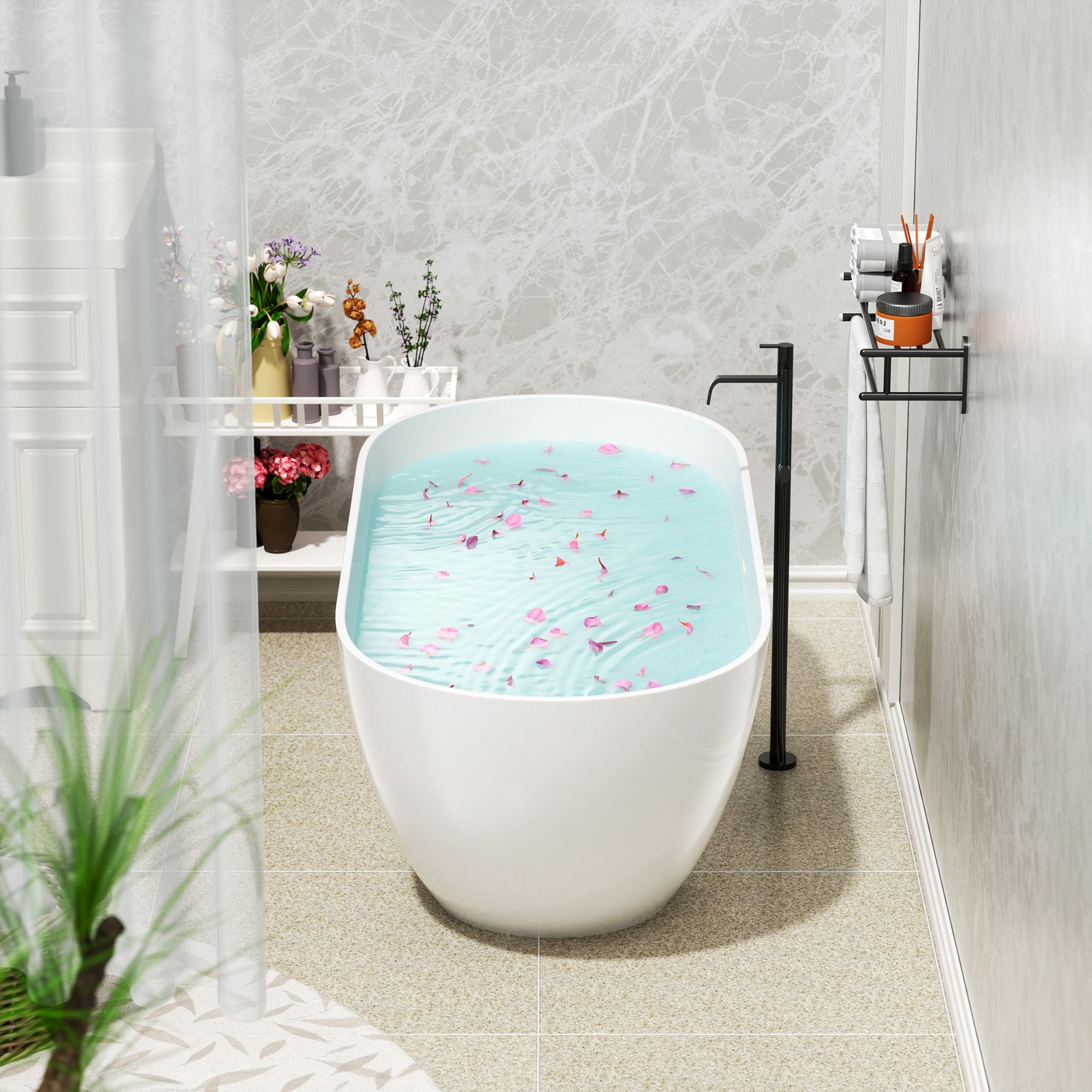 59" Freestanding Solid Surface Bathtub, Luxury Man-made Stone Resin Freestanding Soaking Bathtub with Overflow and Pop-up Drain for Contemporary Bathroom, Glossy White 22S03-59GW