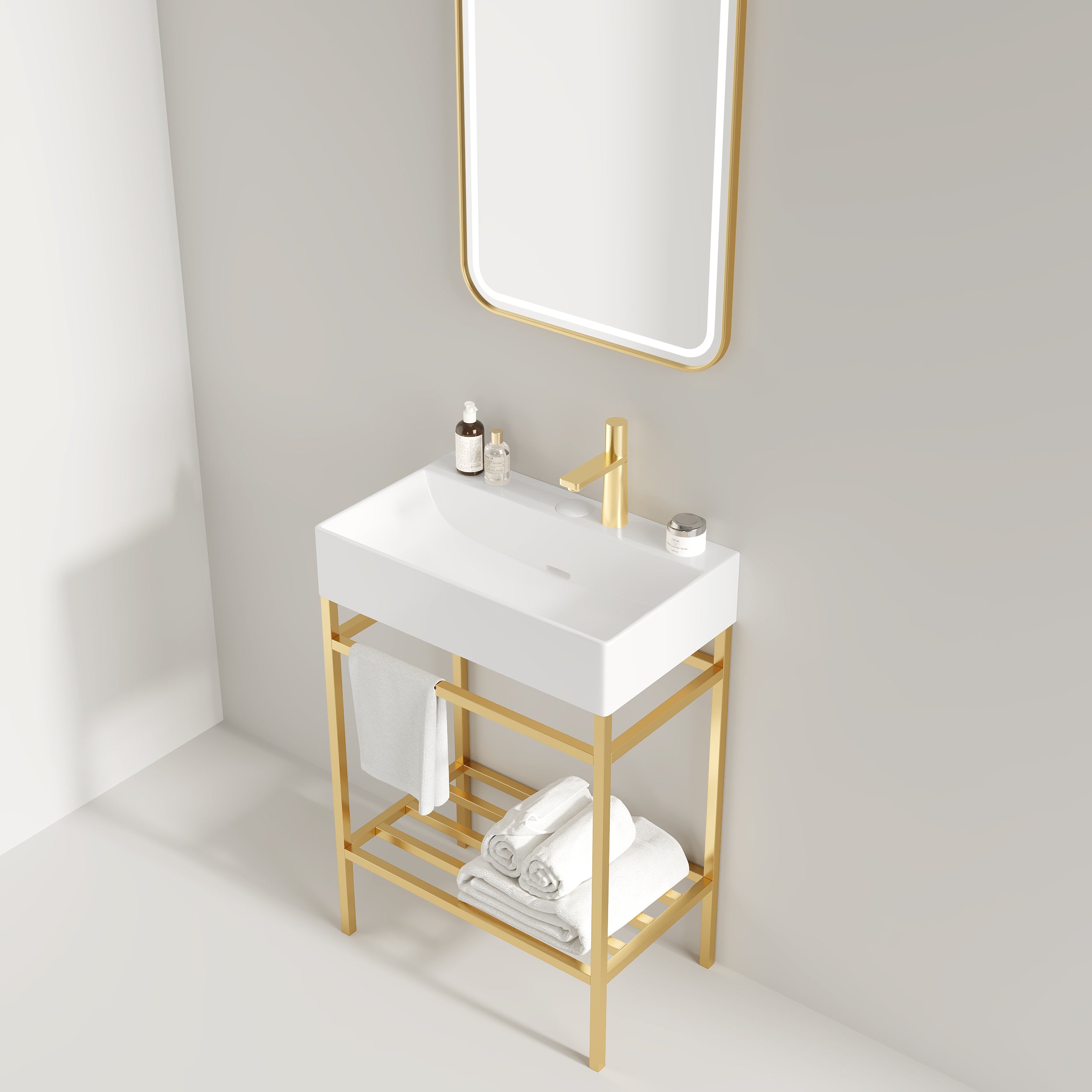 LOFI 24" Bathroom Vanity with Ceramic Basin, Freestanding Bathroom Console Sink Set, Glossy White Rectangular Ceramic Basin without Faucet, Open Metal Leg, Storage Shelves, Gold