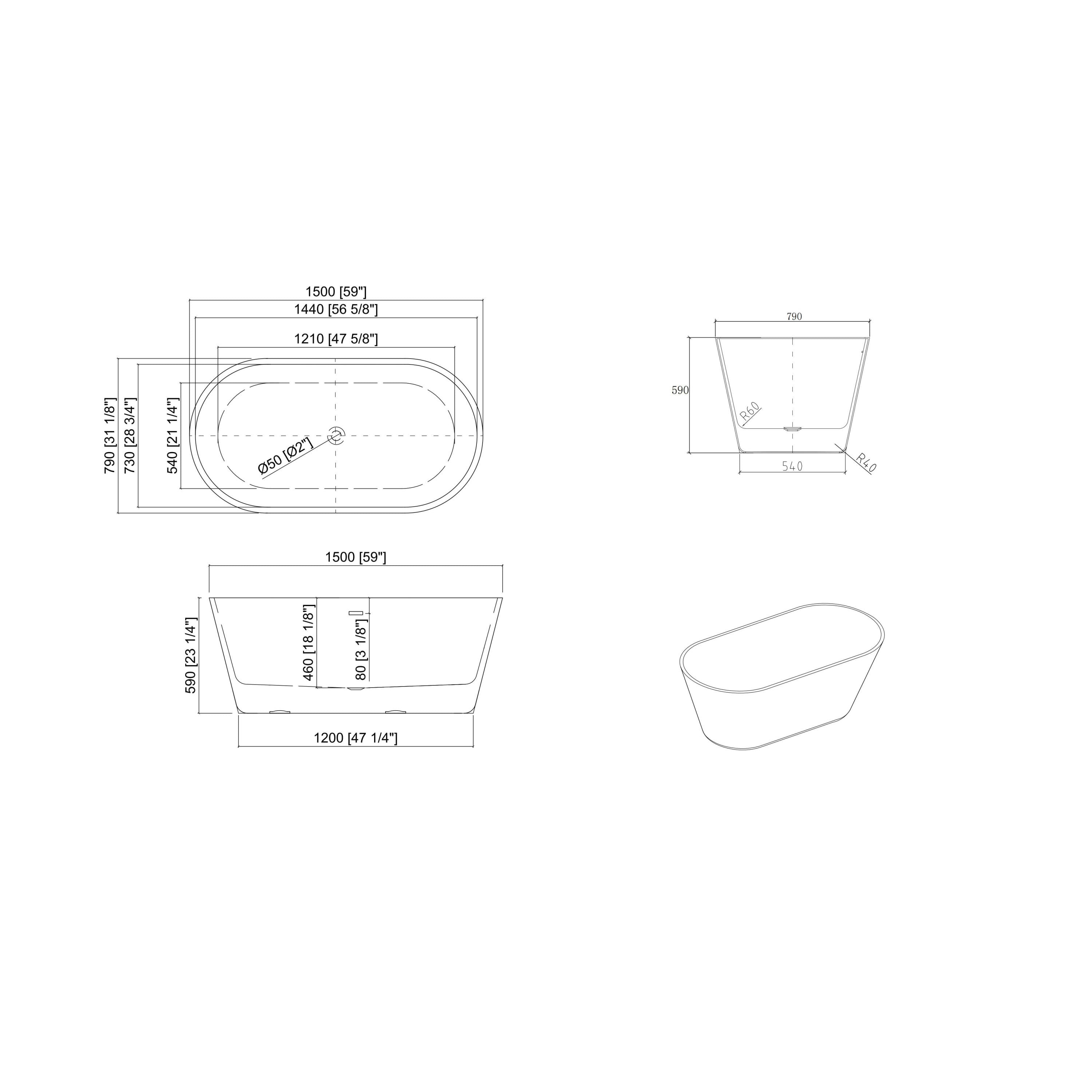 Glossy Acrylic Freestanding Soaking Bathtub with Chrome Overflow and Drain in White, cUPC Certified - 59*31.1 22A02-60