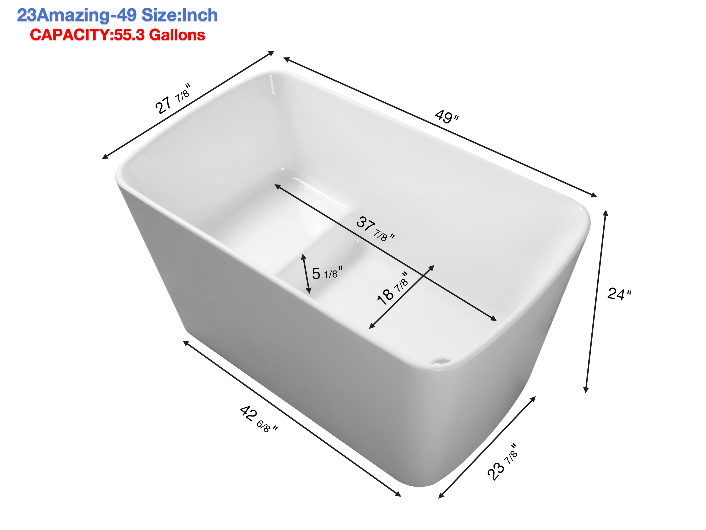 49'' Acrylic Freestanding Soaking Bathtub, Square-shape Japanese Soaking Hot Tub, Sit-In Design with Chrome Overflow and Drain for Express Delivery, Glossy White 23AMAZING-49 (W1920P179228)