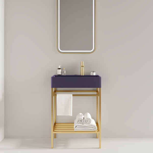 LOFI 24" Bathroom Vanity with Ceramic Basin, Freestanding Bathroom Console Sink Set, Glossy Purple Rectangular Ceramic Basin without Faucet, Open Metal Leg, Storage Shelves, Gold