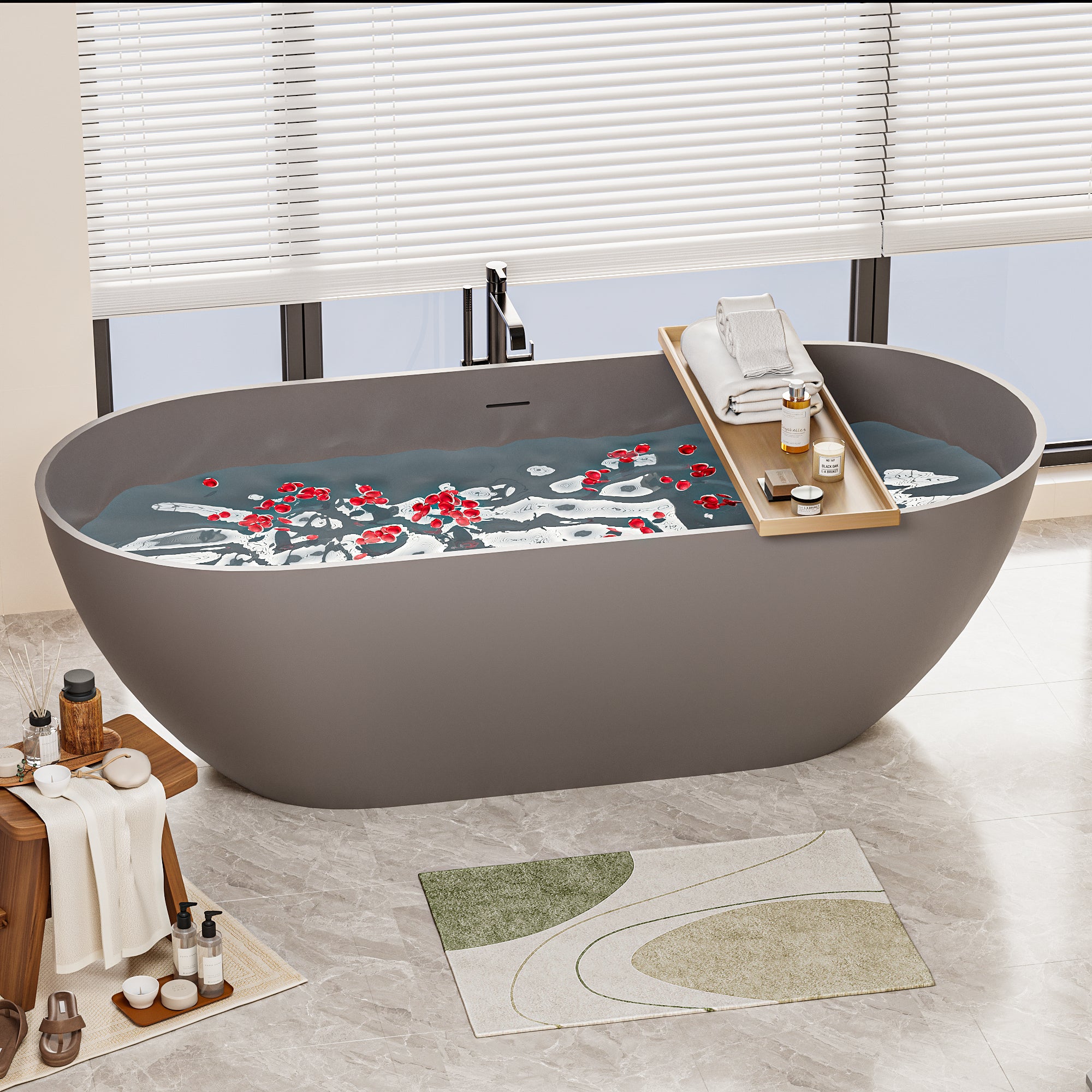 63" Luxury Engineered Solid Surface Bathtub, Stone Resin Freestanding Soaking Bathtub with Overflow and Pop-up Drain for Contemporary Bathroom, Matte Grey 23S03-63MG