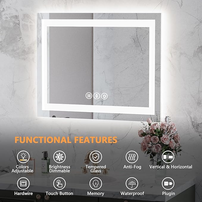 48"x 30" LED Bathroom Mirror,Anti-Fog, Shatter-Proof,Memory Function,Dimmable,Lighted Bathroom Mirror for Wall,Touch Button,Water Proof,5mmTempered Glass