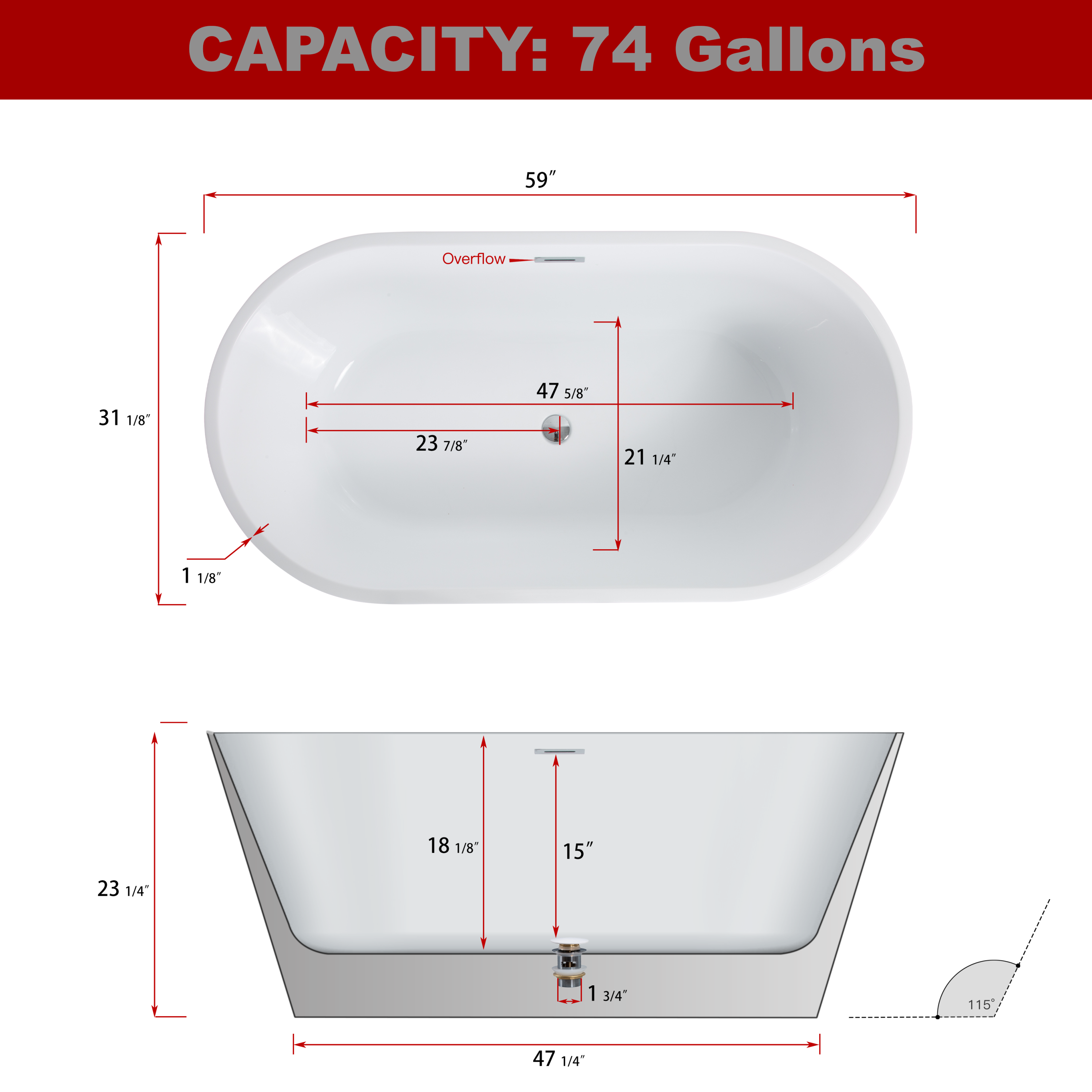 60" Acrylic Freestanding Soaking Bathtub with Chrome Overflow and Drain in Black, cUPC Certified - 59*31.1, Glossy Black 22A02-60B