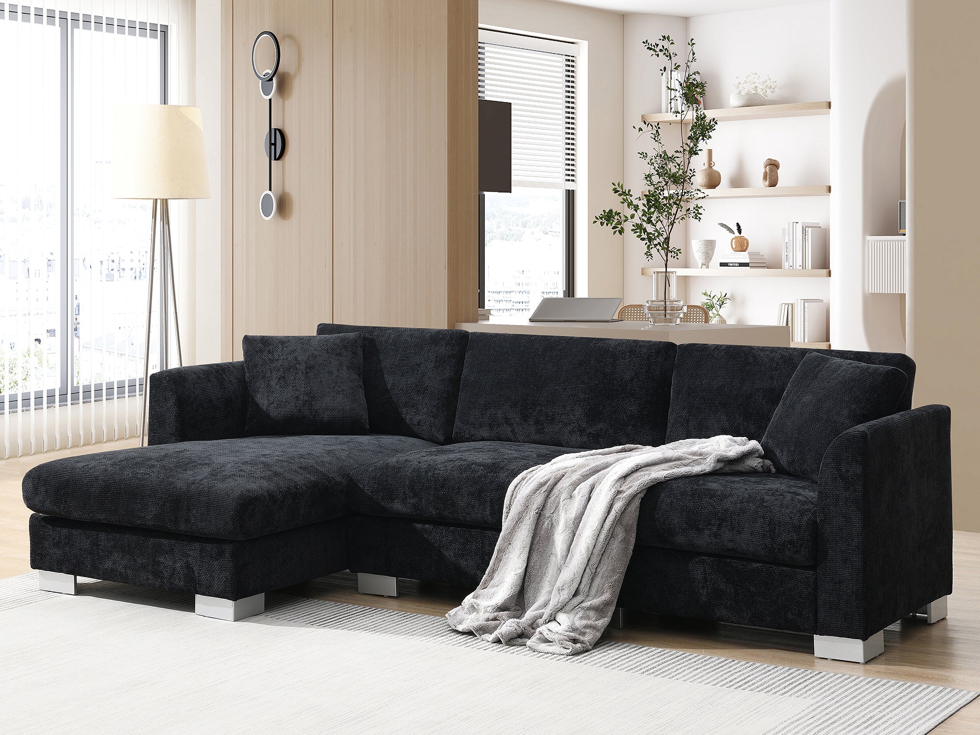 96*56" Modern Cloud Sectional Sofa,L-shaped Luxury Couch Set with 2 Free pillows,4-seat Chenille Indoor Furniture with Oversized Chaise for Living Room,Apartment,Office,3 Colors