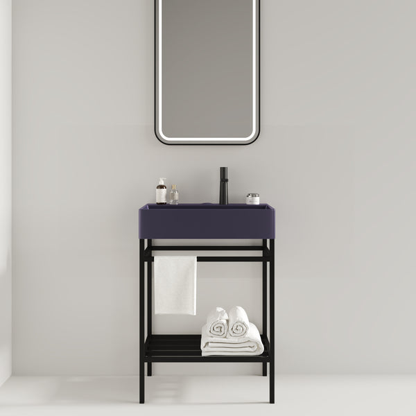 LOFI 24" Bathroom Vanity with Ceramic Basin, Freestanding Bathroom Console Sink Set, Glossy Purple Rectangular Ceramic Basin without Faucet, Open Metal Leg, Storage Shelves, Black