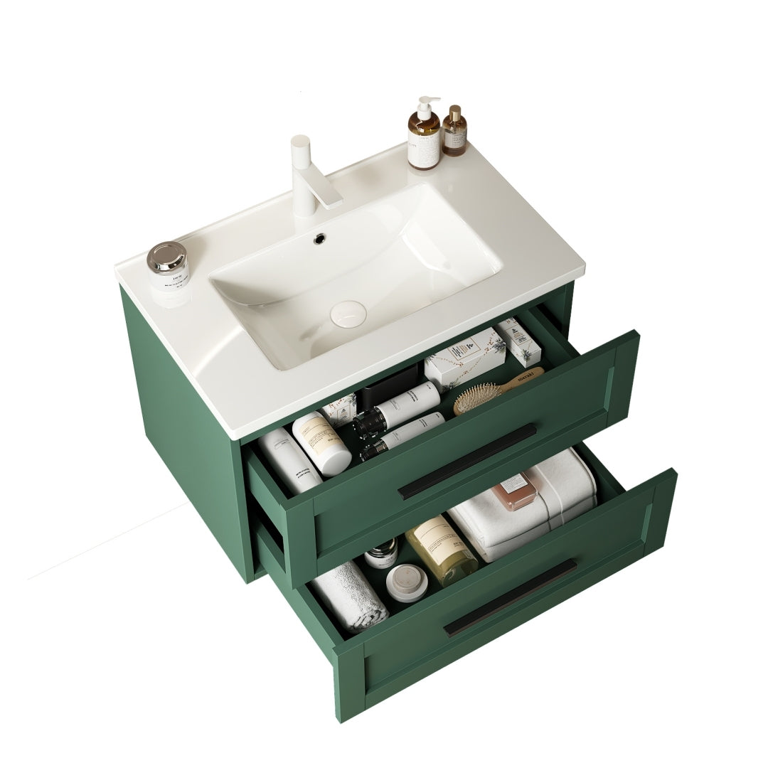 JODI 30" Bathroom Vanity with Sink, Modern Wall-Mounted Floating Bathroom Storage Cabinet with 2 Drawers, White Ceramic Basin without Faucet, Green