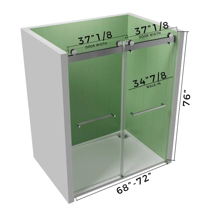 68 to 72 in. W x 76 in. H Double Sliding Frameless Soft-Close Shower Door with Premium 3/8 Inch (10mm) Thick Tampered Glass and Easy-cleaning Coating, 23D02-72BN Brushed Nickel