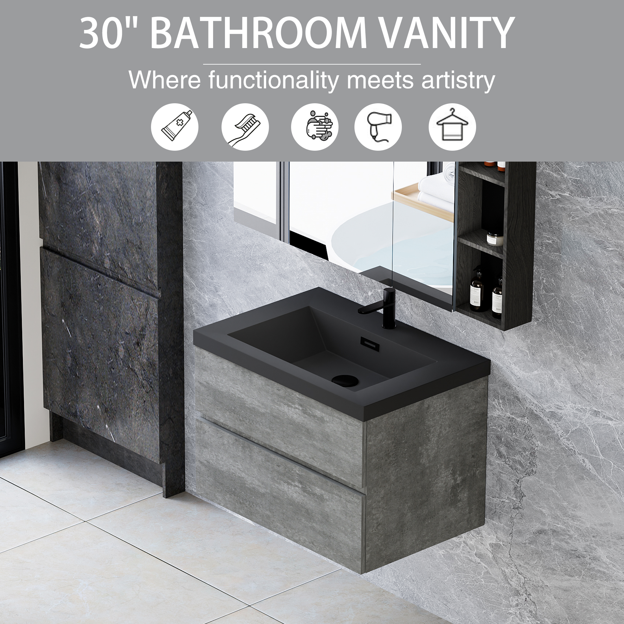 30" Floating Bathroom Vanity with Sink, Modern Wall-Mounted Bathroom Storage Vanity Cabinet with Black Quartz Sand Top Basin and Soft Close Drawers, Grey 24V12-30GR