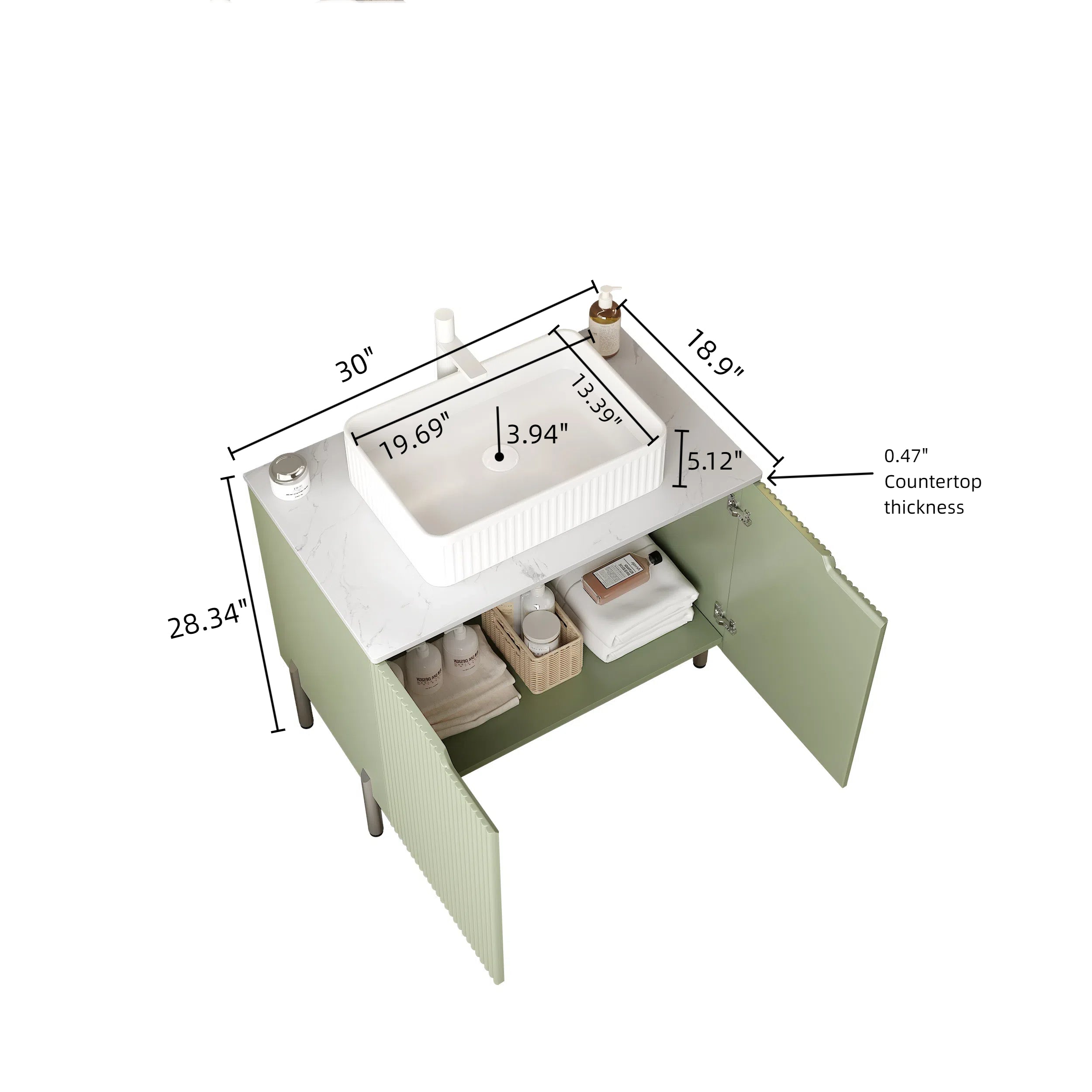 TURIO 30" Bathroom Vanity with Sink, Freestanding Bathroom Storage Cabinet with 2 Doors, White Ceramic Basin and Carrara White Sintered Stone Counter Top, with Sink Hole Cover and Drain, Light Green