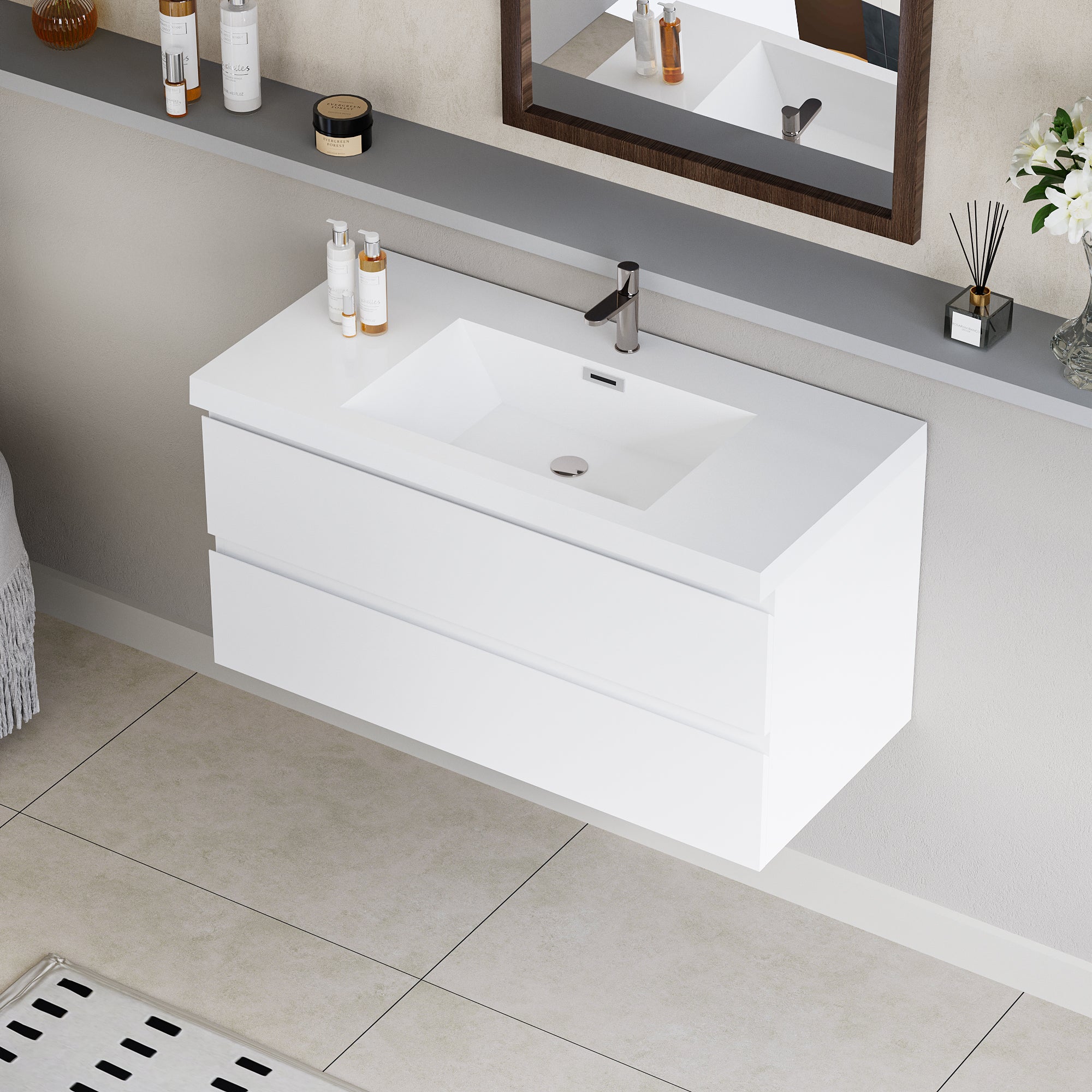 42" Floating Bathroom Vanity with Sink, Modern Wall-Mounted Bathroom Storage Vanity Cabinet with Resin Top Basin and Soft Close Drawers, Glossy White 24V11-42GW