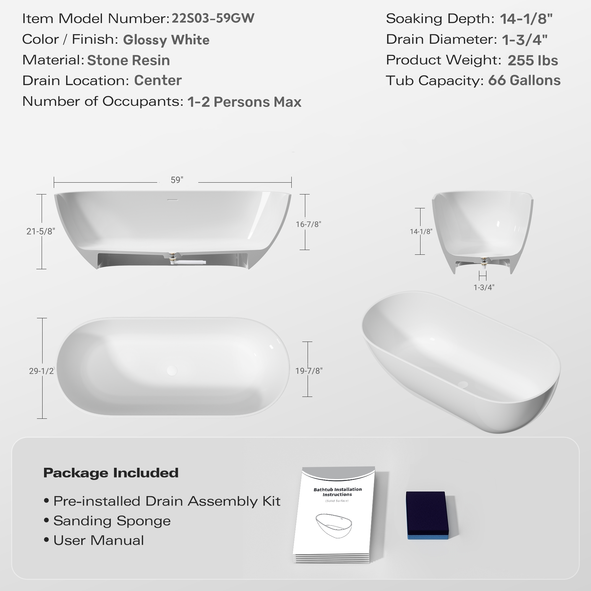 59" Freestanding Solid Surface Bathtub, Luxury Man-made Stone Resin Freestanding Soaking Bathtub with Overflow and Pop-up Drain for Contemporary Bathroom, Glossy White 22S03-59GW