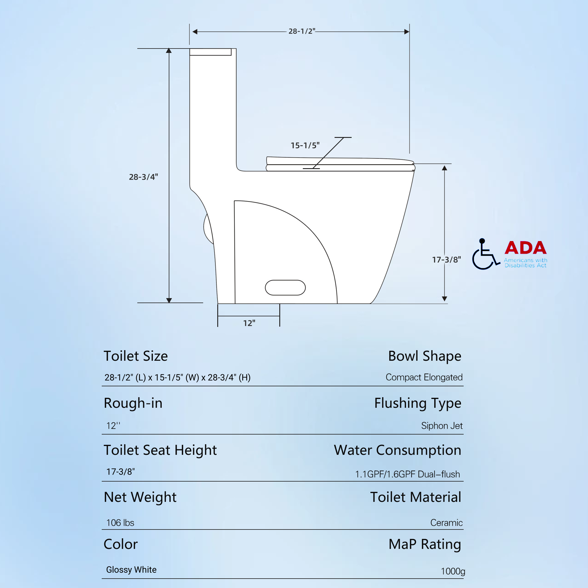 1.1/1.60 GPF Dual-Flush One Piece Toilet, Water-Saving Elongated Comfort Height Floor Mounted, Soft Closing Seat, 1000 Gram Map Flushing Score Toilet, Gloss White 23T02-GW