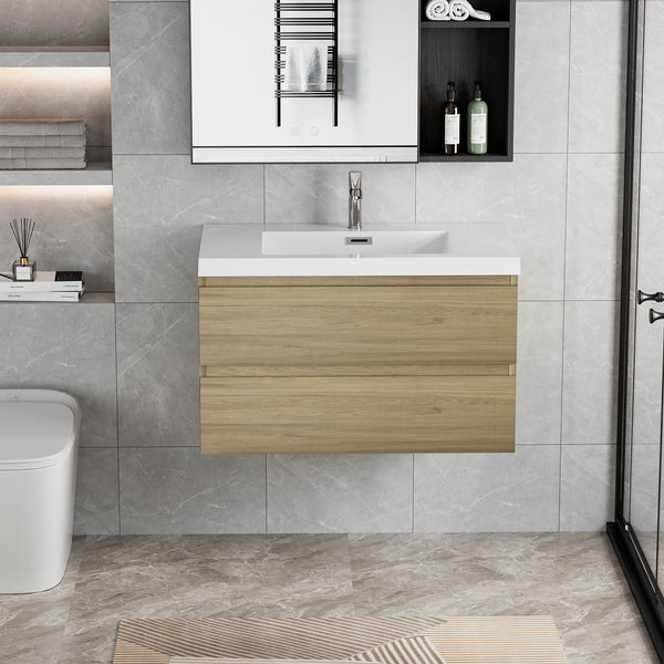 36" Floating Bathroom Vanity with Sink, Modern Wall-Mounted Bathroom Storage Vanity Cabinet with Resin Top Basin and Soft Close Drawers, Natural Oak 24V11-36NO