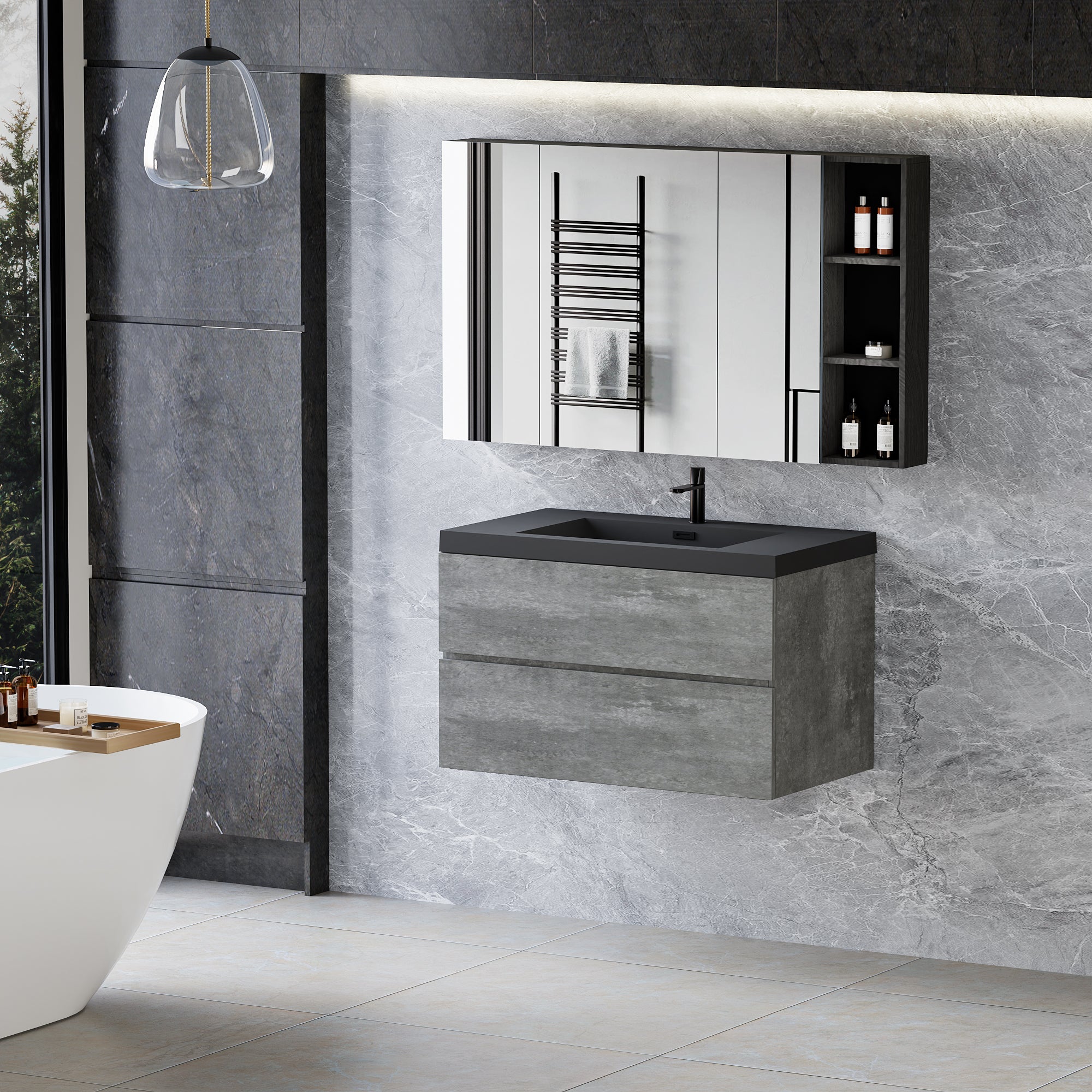 36" Floating Bathroom Vanity with Sink, Modern Wall-Mounted Bathroom Storage Vanity Cabinet with Black Quartz Sand Top Basin and Soft Close Drawers, Grey 24V12-36GR