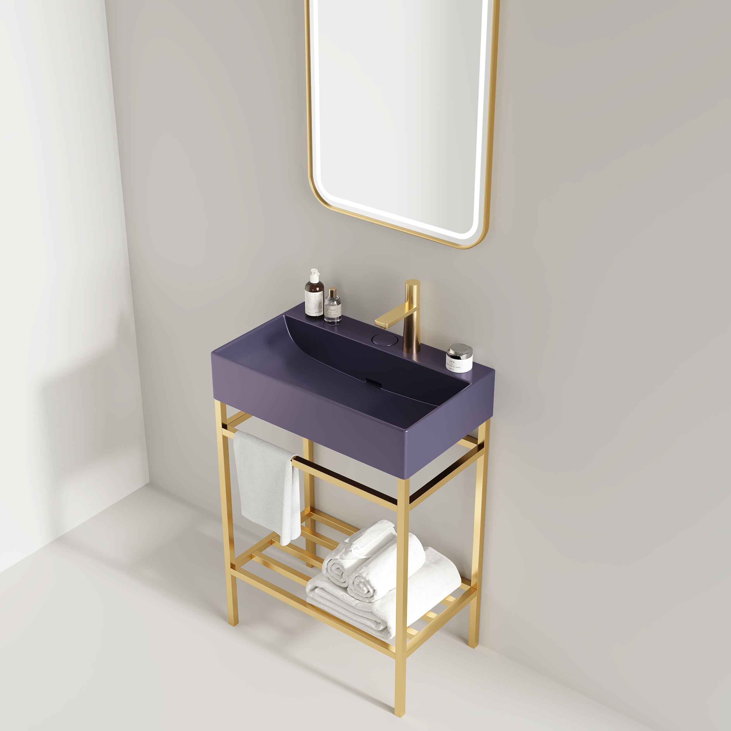 LOFI 24" Bathroom Vanity with Ceramic Basin, Freestanding Bathroom Console Sink Set, Glossy Purple Rectangular Ceramic Basin without Faucet, Open Metal Leg, Storage Shelves, Gold