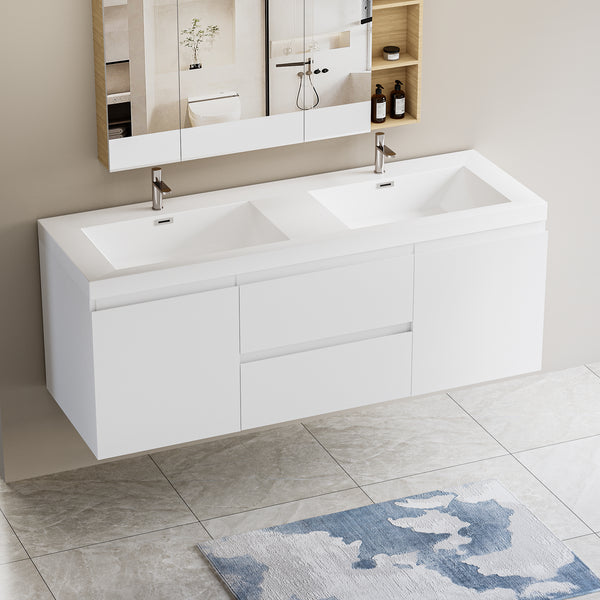 60" Floating Bathroom Vanity with Sink, Modern Wall-Mounted Bathroom Storage Vanity Cabinet with Double Resin Top Basin and Two Soft Close Drawers, Glossy White 24V11-60DGW