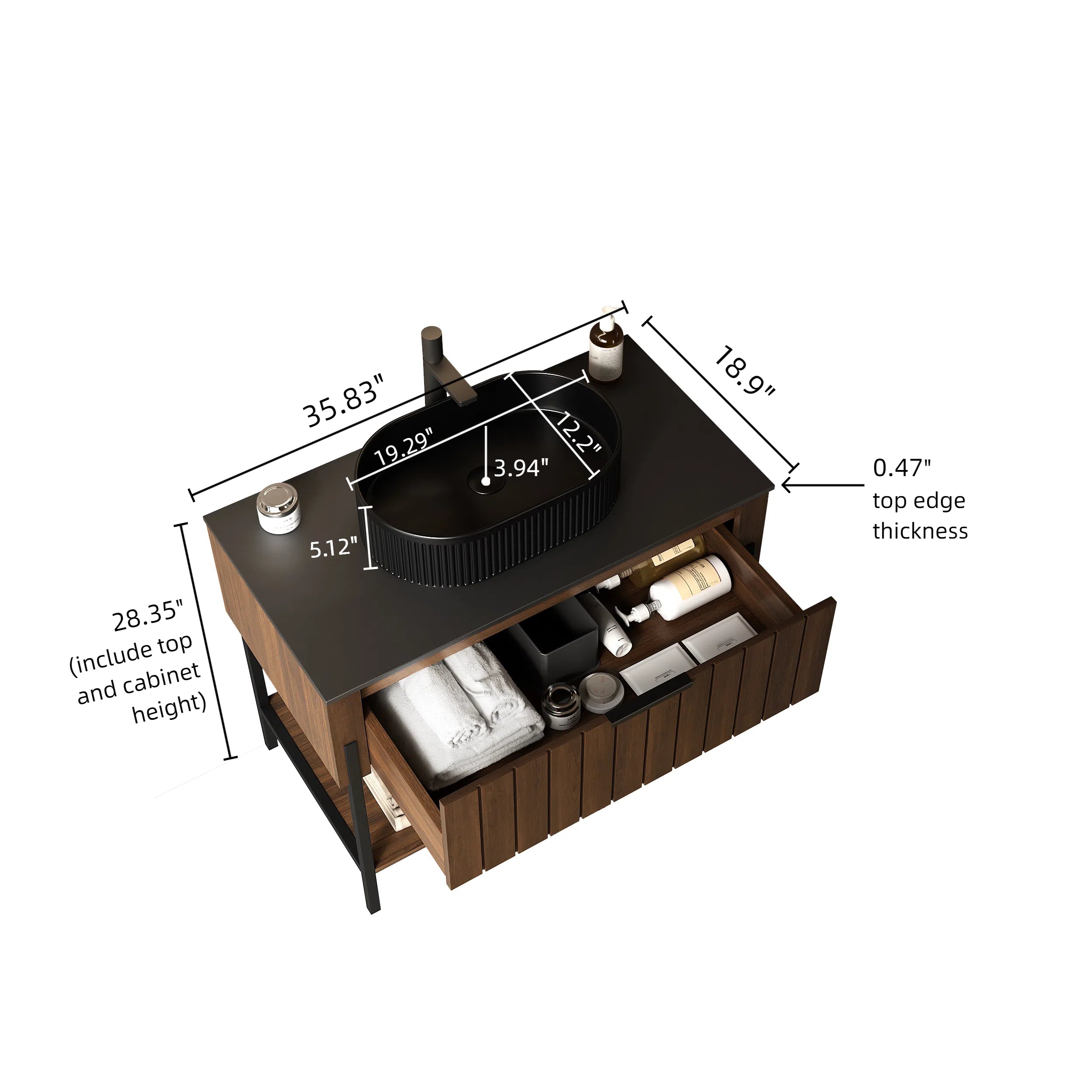 ZENO 36" Bathroom Vanity with Sink, Freestanding Striped Design Bathroom Storage Cabinet with Drawer and Metal Supporting Structure, Open Shelf, Black Ceramic Vessel Basin without Faucet, Dark Walnut