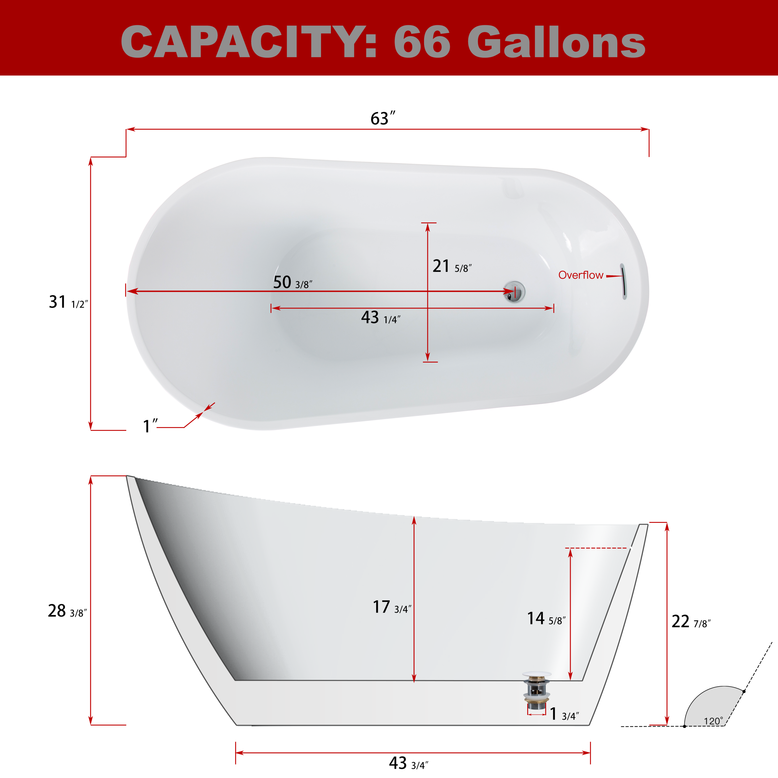 63" Contemporary High Gloss Acrylic Freestanding Soaking Bathtub with Chrome Overflow in White, cUPC Certified