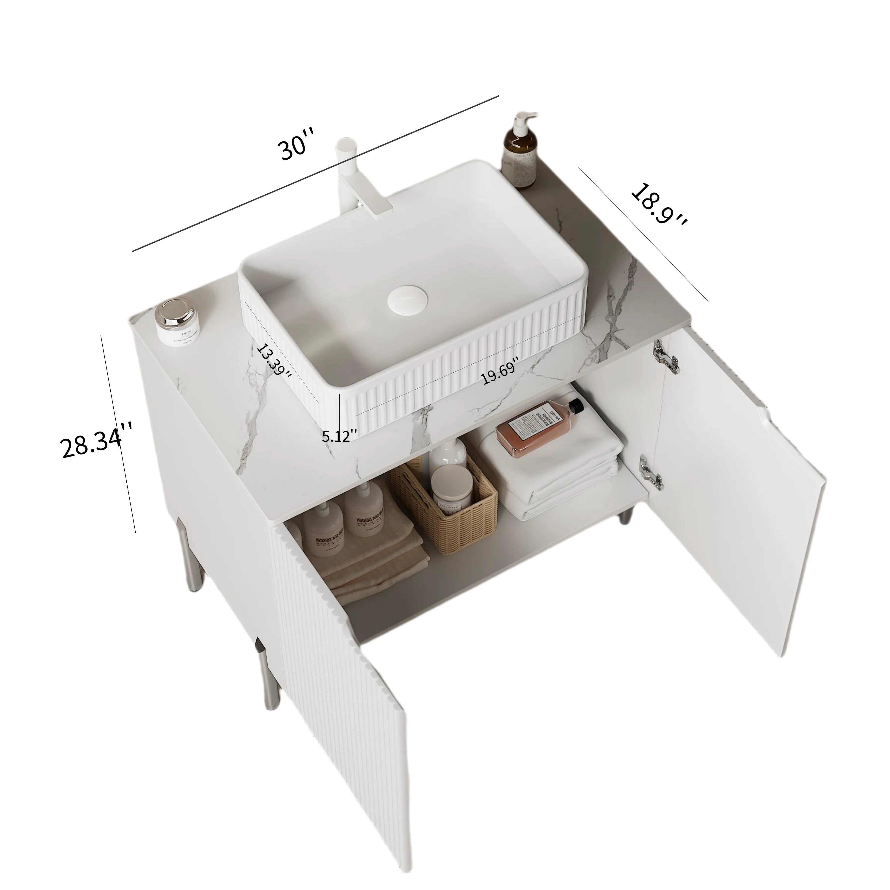 TURIO 30" Bathroom Vanity with Sink, Freestanding Bathroom Storage Cabinet with 2 Doors, White Ceramic Basin and Carrara White Sintered Stone Counter Top, with Sink Hole Cover and Drain, White