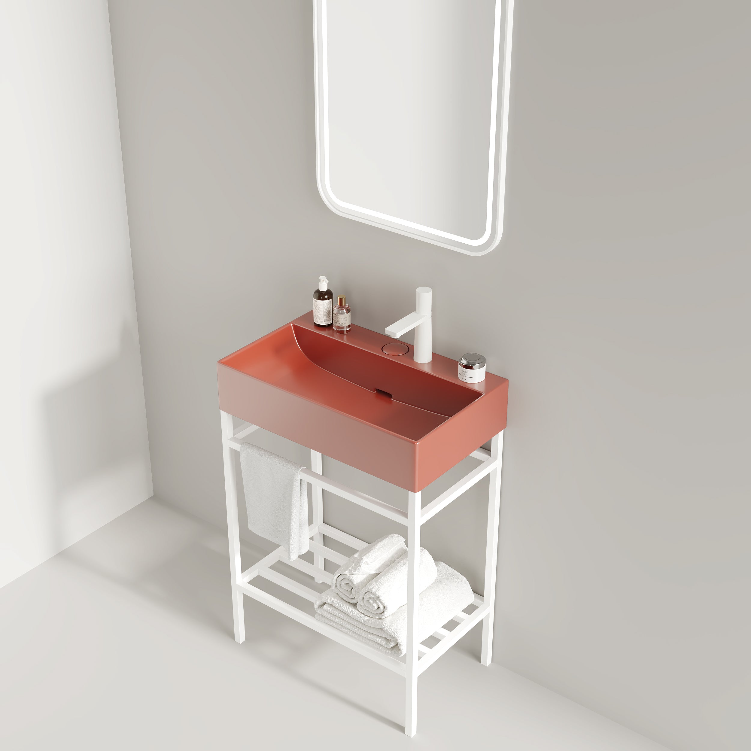 LOFI 24" Bathroom Vanity with Ceramic Basin, Freestanding Bathroom Console Sink Set, Glossy Red Rectangular Ceramic Basin without Faucet, Open Metal Leg, Storage Shelves, White