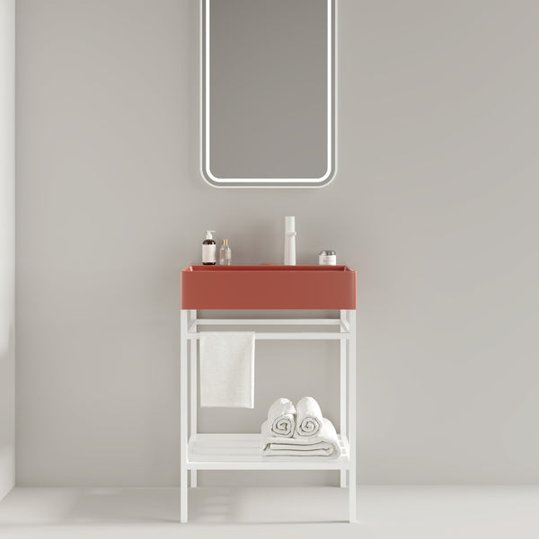 LOFI 24" Bathroom Vanity with Ceramic Basin, Freestanding Bathroom Console Sink Set, Glossy Red Rectangular Ceramic Basin without Faucet, Open Metal Leg, Storage Shelves, White