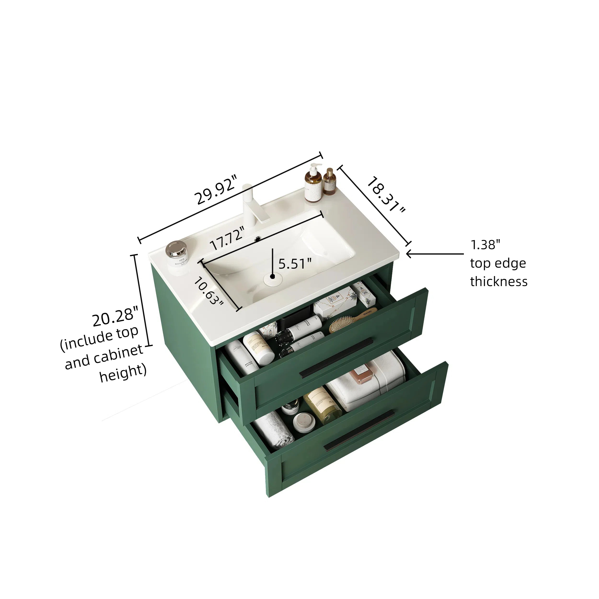 JODI 30" Bathroom Vanity with Sink, Modern Wall-Mounted Floating Bathroom Storage Cabinet with 2 Drawers, White Ceramic Basin without Faucet, Green