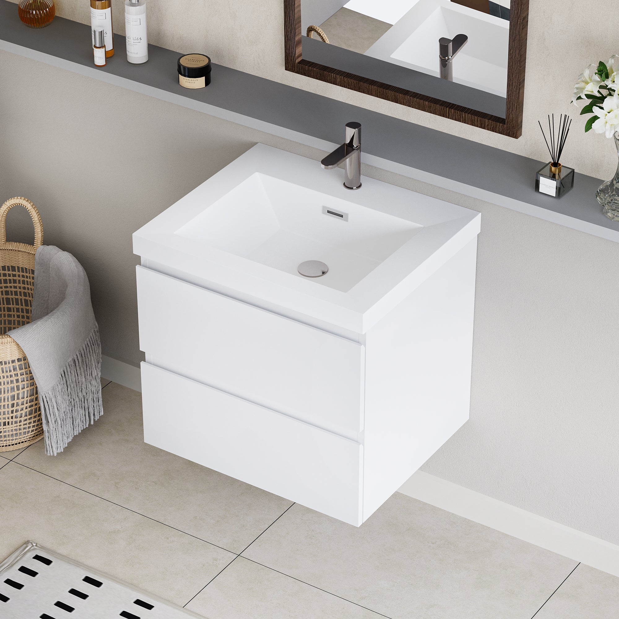 24" Floating Bathroom Vanity with Sink, Modern Wall-Mounted Bathroom Storage Vanity Cabinet with Resin Top Basin and Soft Close Drawers, Glossy White 24V11-24GW